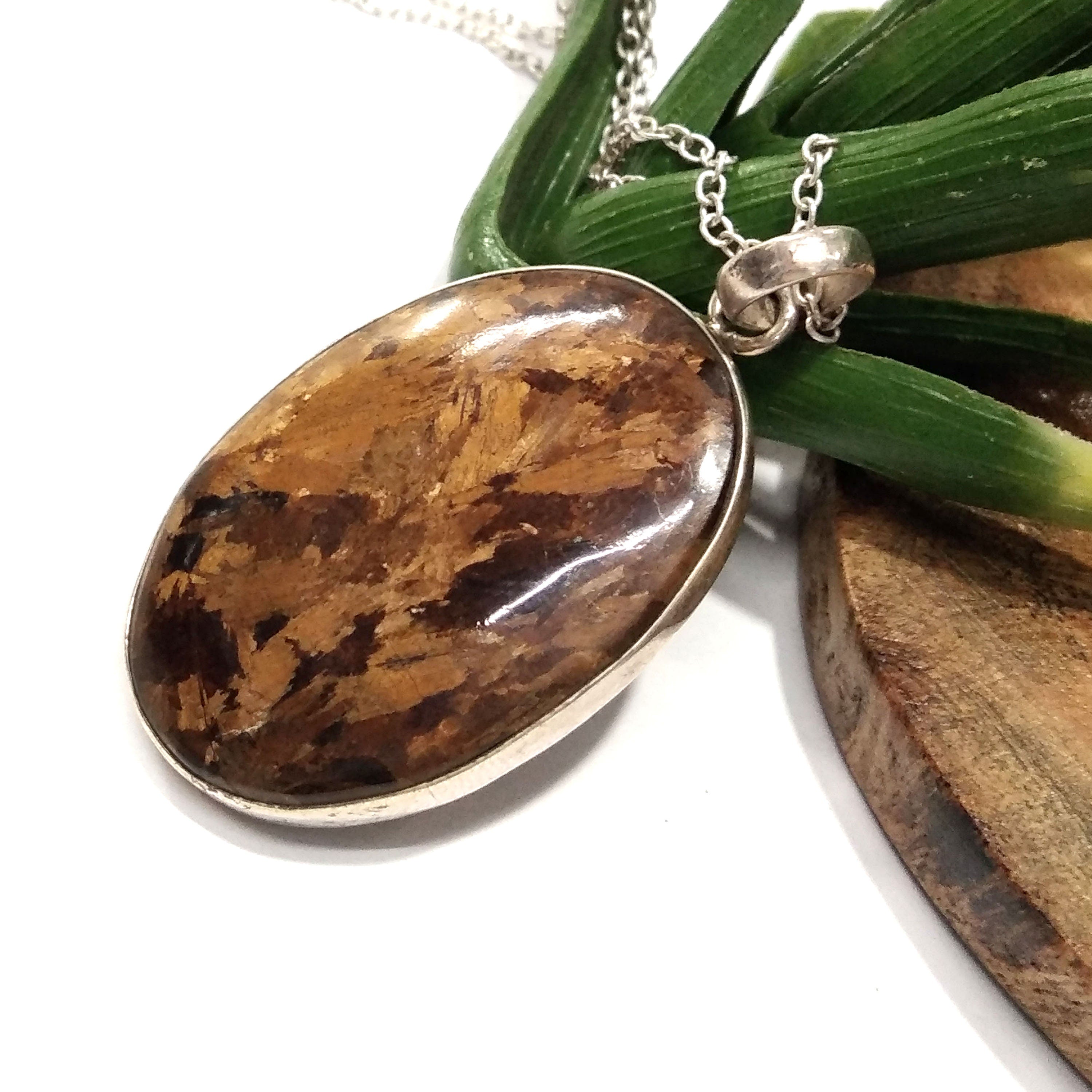 Natural Bronzite Gemstone Pendant Chain Necklace , 925 Starling Silver Pendant Necklace, Handmade Jewelry Stone Size 38x26 mm Gift Pendant