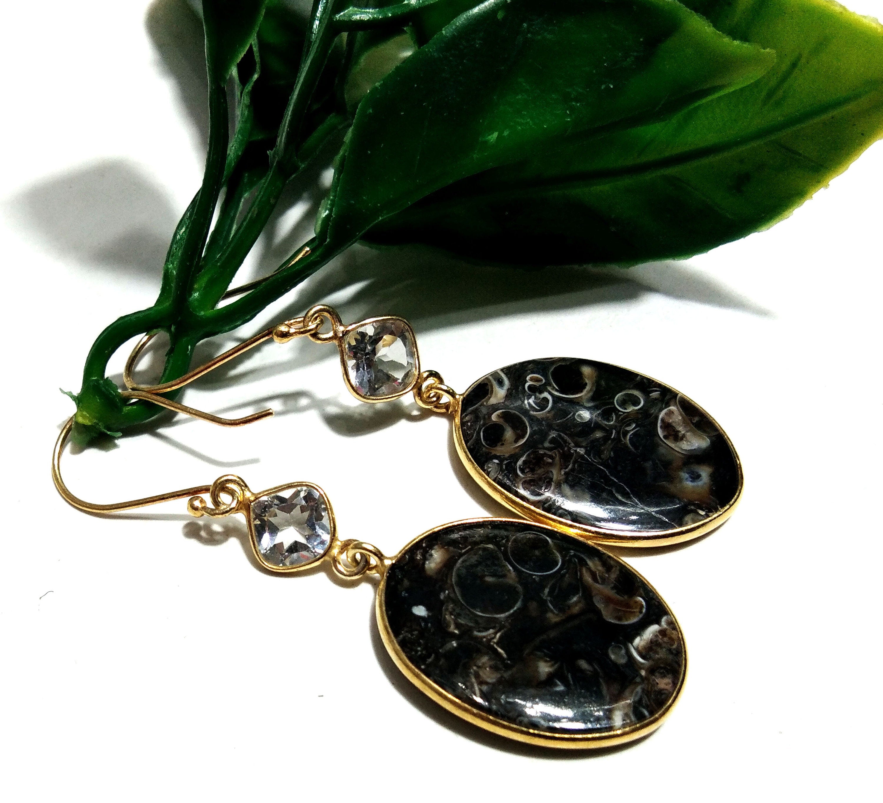 White Topaz & Turtella Jasper Earrings ! 925 Starling Silver With Gold Plated And Natural Gemstone Earrings Topaz Faceted,Turritella Fossil.