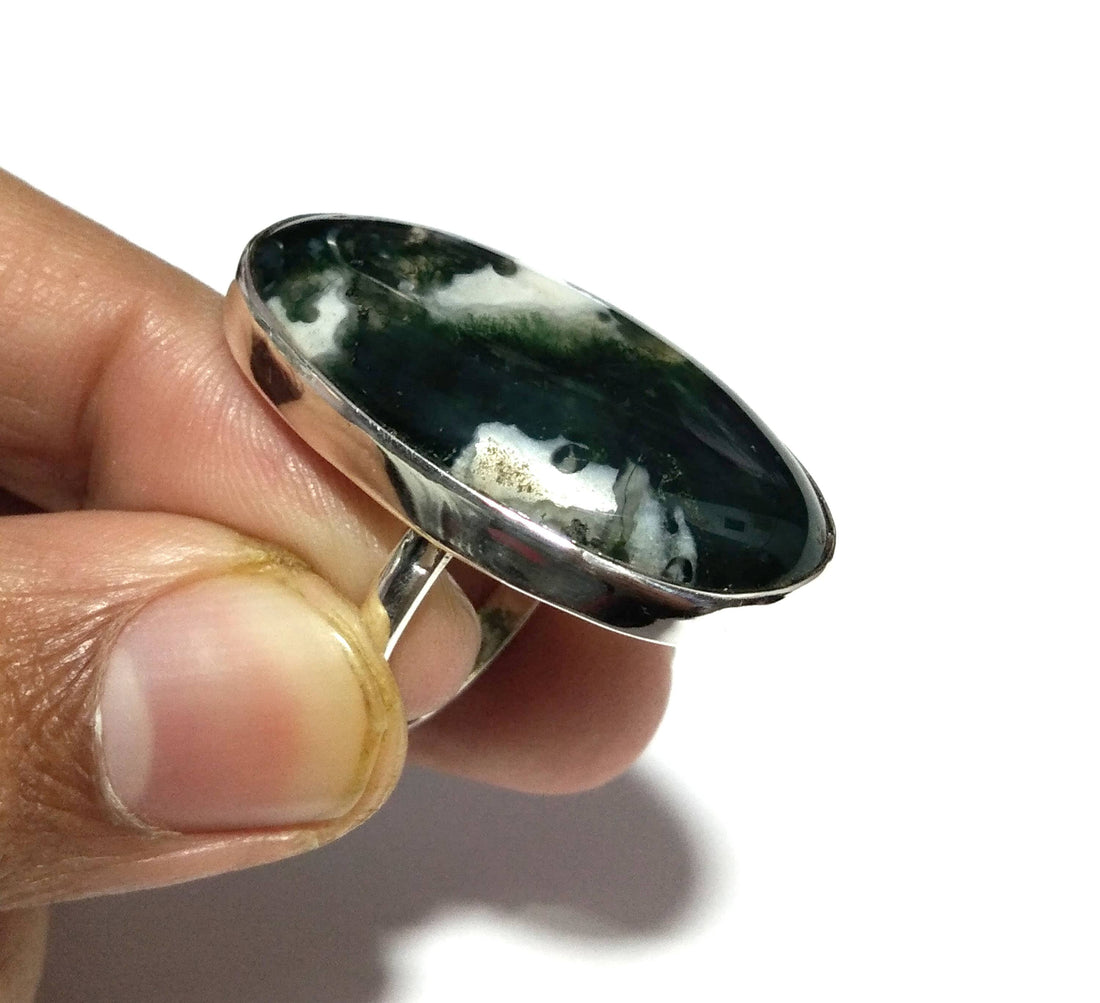 A+++ Natural Moss Agate Gemstone Ring, 925 Solid Sterling Silver Ring Green Moss Agate Stone Size 35x19 mm Handmade Gift Mother’s day Ring