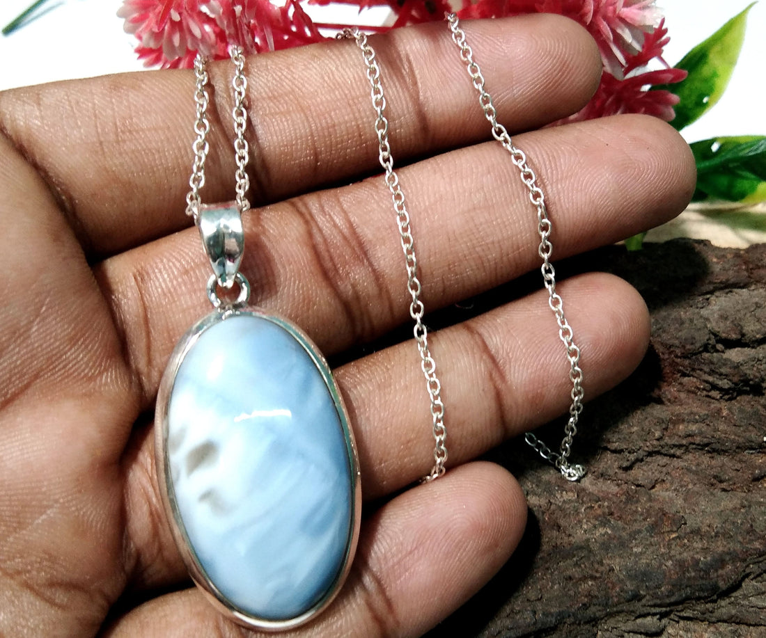 Blue Opal Stone Pendant Chain Necklace, Natural Blue Opal Stone, 925 Silver Pendant Necklace, Blue Opal Handmade Jewelry, Gift For Wedding