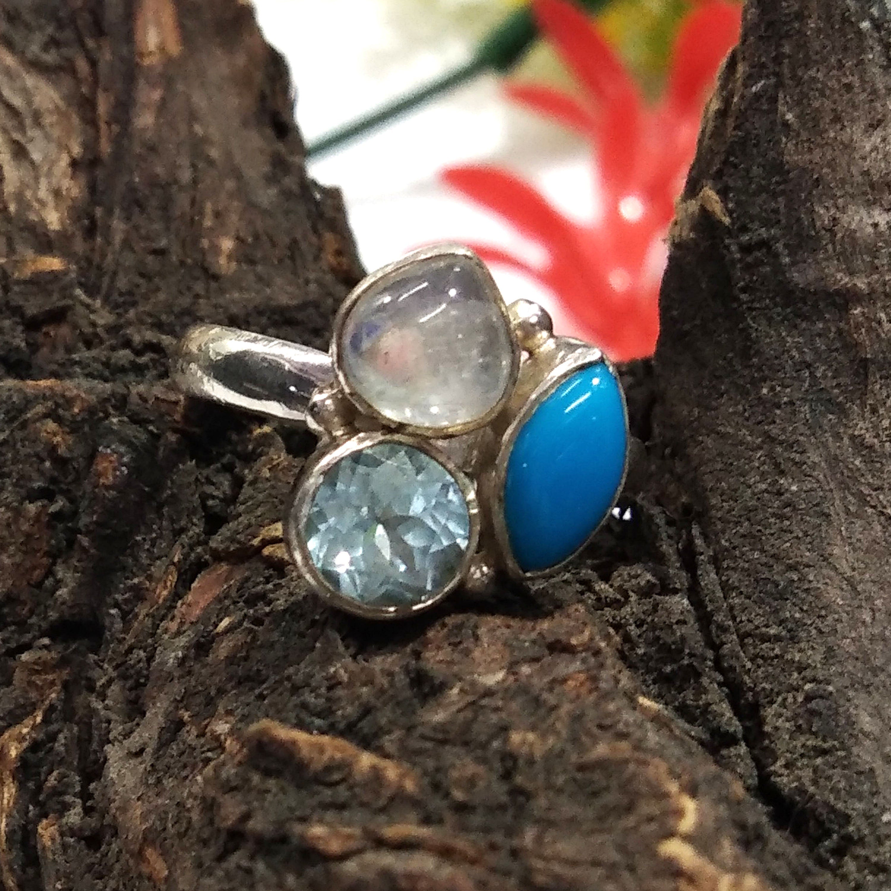 Natural Turquoise, Aquamarine, Moonstone Gemstone Ring, 925 Solid Starling Silver Ring, Stone Size Mix Handmade Birthstone Ring Gift For Her