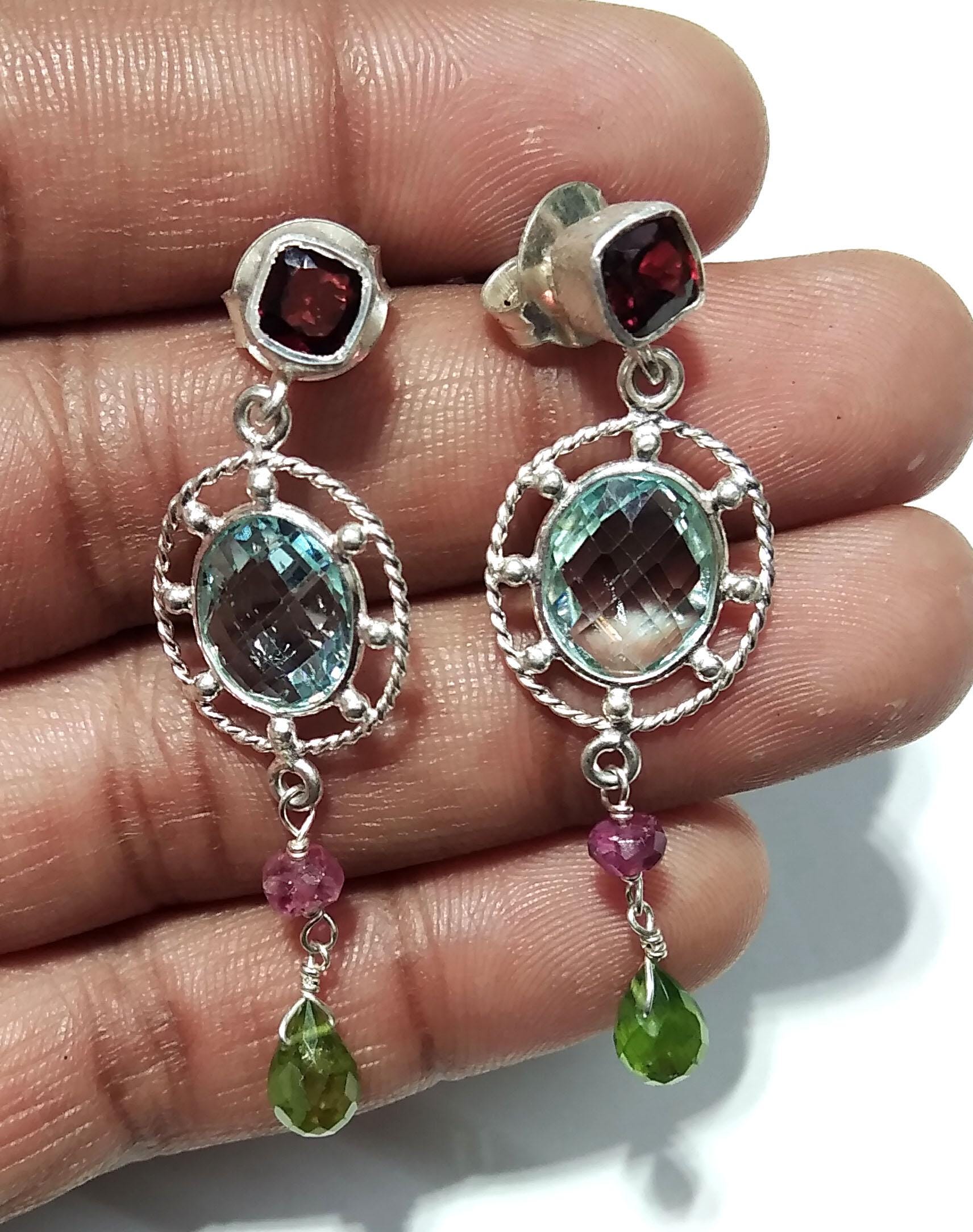 Blue Topaz Earring ! 925 Starling Silver Jewelry, Multi Gemstone Earring, Beautiful Nice Design Handmade Earring, For Gift Girls & Women.