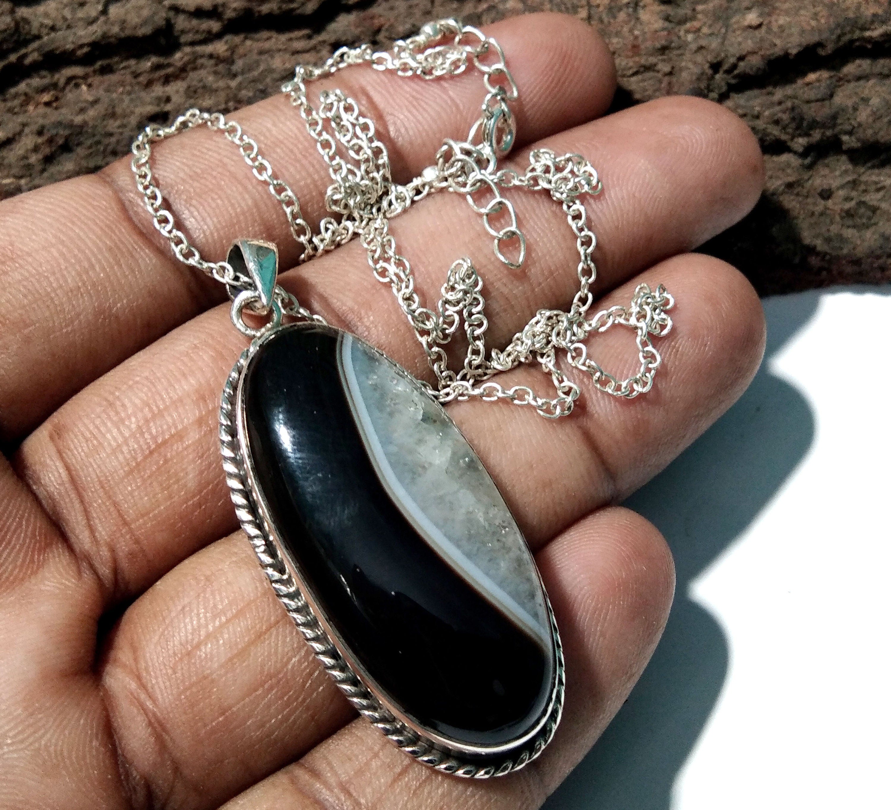 Black Banded Agate Gemstone Pendent, 925 Sterling Silver Pendant Jewelry, Handmade Silver Pendant, Natural Black Banded Agate Girls & Women