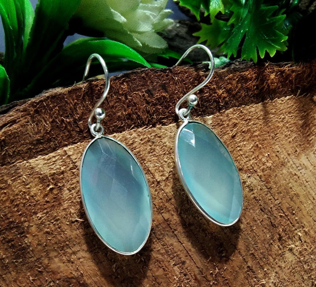 Natural Aqua Chalcedony Stone Earring, 925 Solid Starling Silver Earring, Chalcedony Oval Shape Stone Size 22x12 mm Gift Labor day Earring