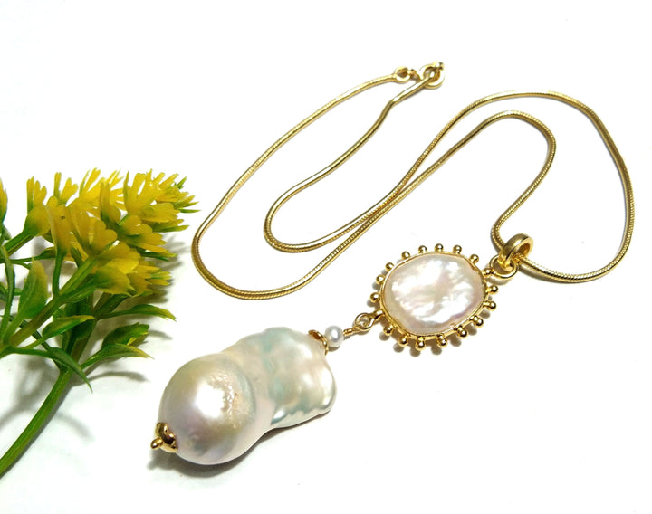 Natural Fresh Water Baroque Pearl Gemstone Chain Necklace Pendant, 925 Starling Silver Gold Plated Chain Necklace 18''Inche Gift Necklace