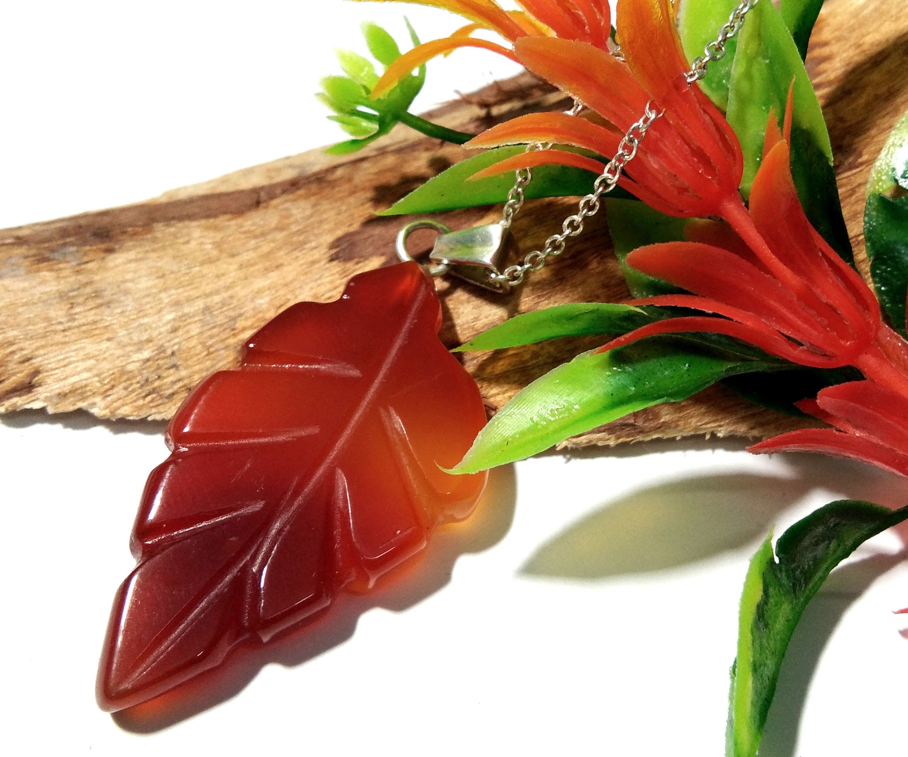 Natural Red Onyx Leaf Carving Stone Pendant, 925 Starling Silver Chain Necklace Pendant, Girls & Women Gift Wedding Jewelry