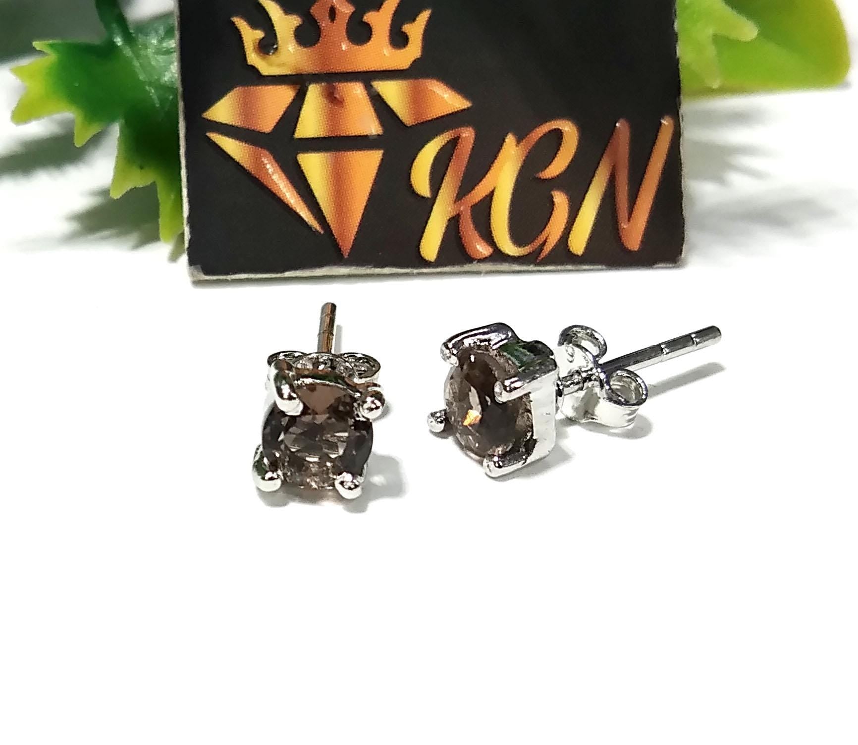 Natural Smoky Quartz Stud Earrings, 925 Starling Silver Earring Jewelry, Smoky Quartz Gemstone Round Shape Stone Size 5x5 mm Gift For women.