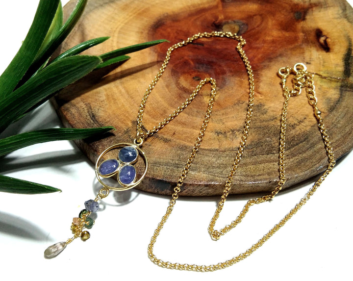 Natural Tanzanite Gemstone Chain Necklace Pendant, 925 Starling Silver Gold Plated Chain Necklace 25 Inche Top Color Tanzanite Necklace Gift