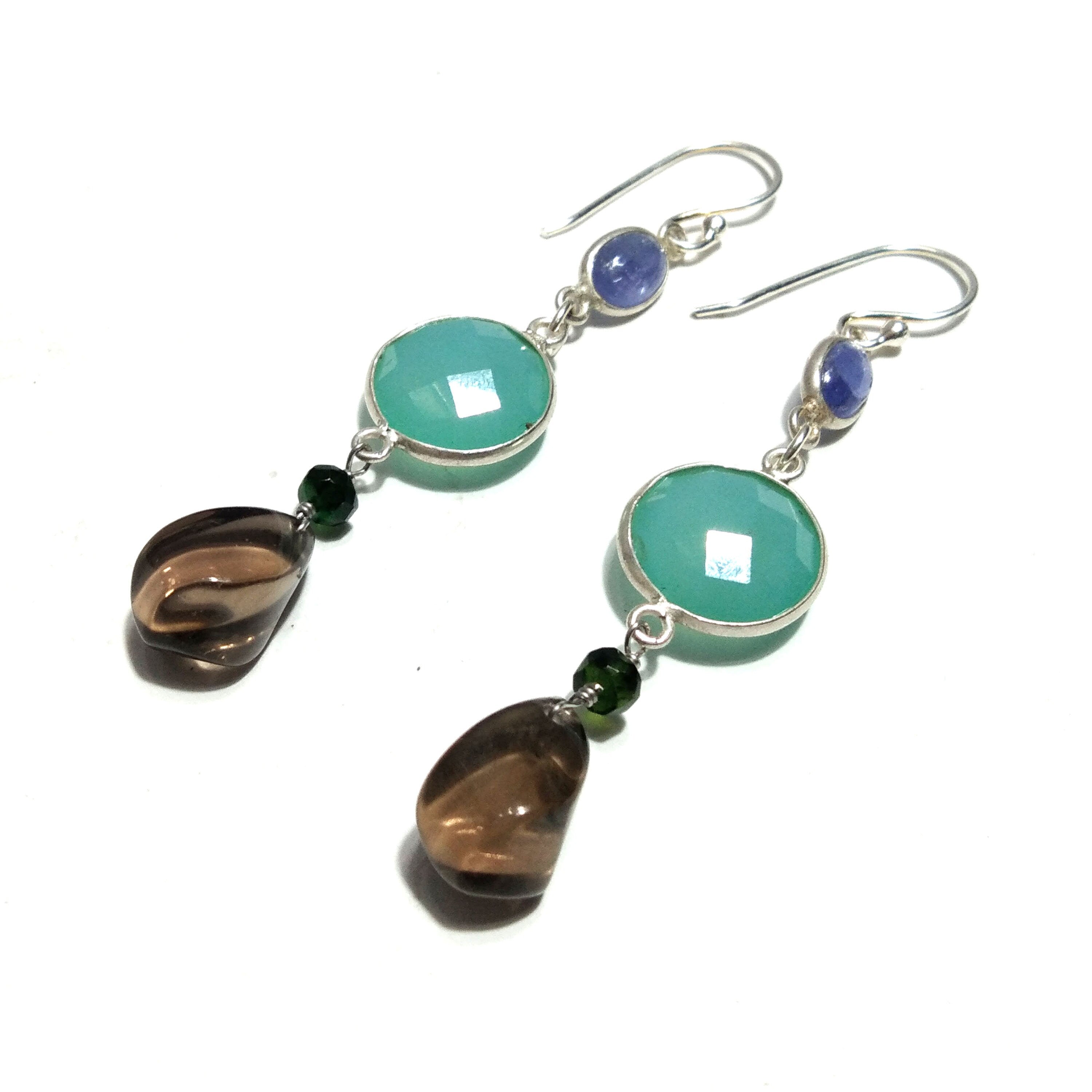 Natural Aqua Chalcedony/Smoky Quartz Earring, 925 Solid Starling Silver Earring, Chalcedony Stone Handmade Gift Women Earring Jewelry