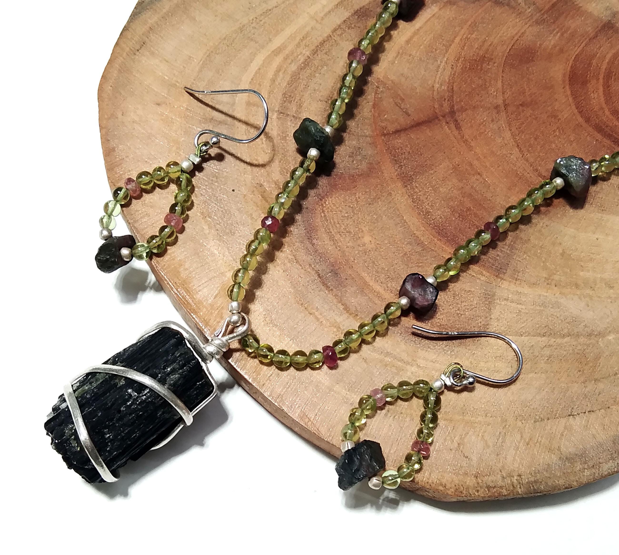 Natural Black Tourmaline/Peridot Gemstone Bead Necklace Jewelry Earring Set, 925 Sterling Silver Necklace Beaded Necklace Statement Jewelry