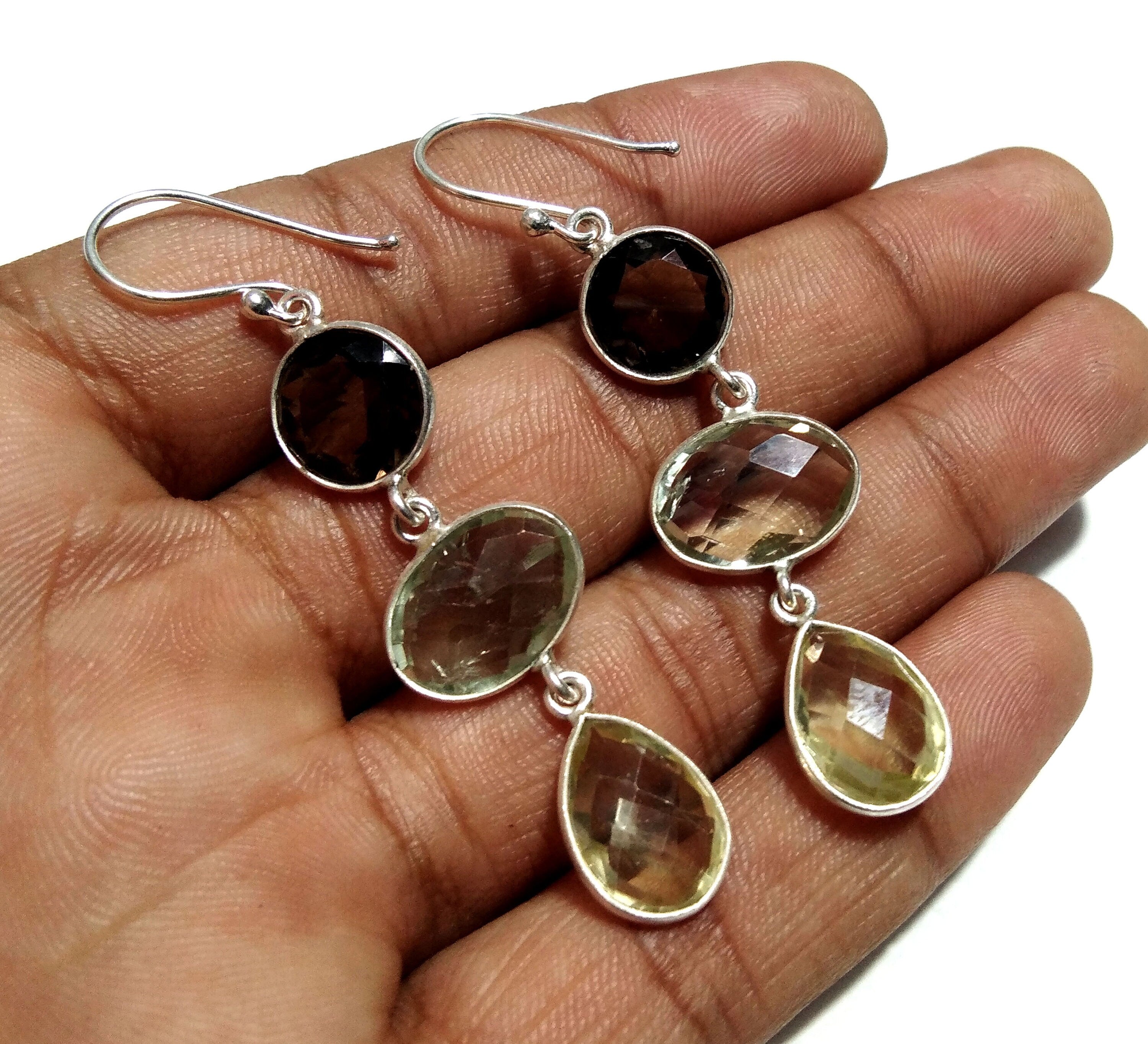 Natural Lemon Quartz, Smoky Quartz, Green Amethyst Stone Drop Earring, 925 Sterling Silver Earring Gemstone, Gift Birthday Earring Jewelry