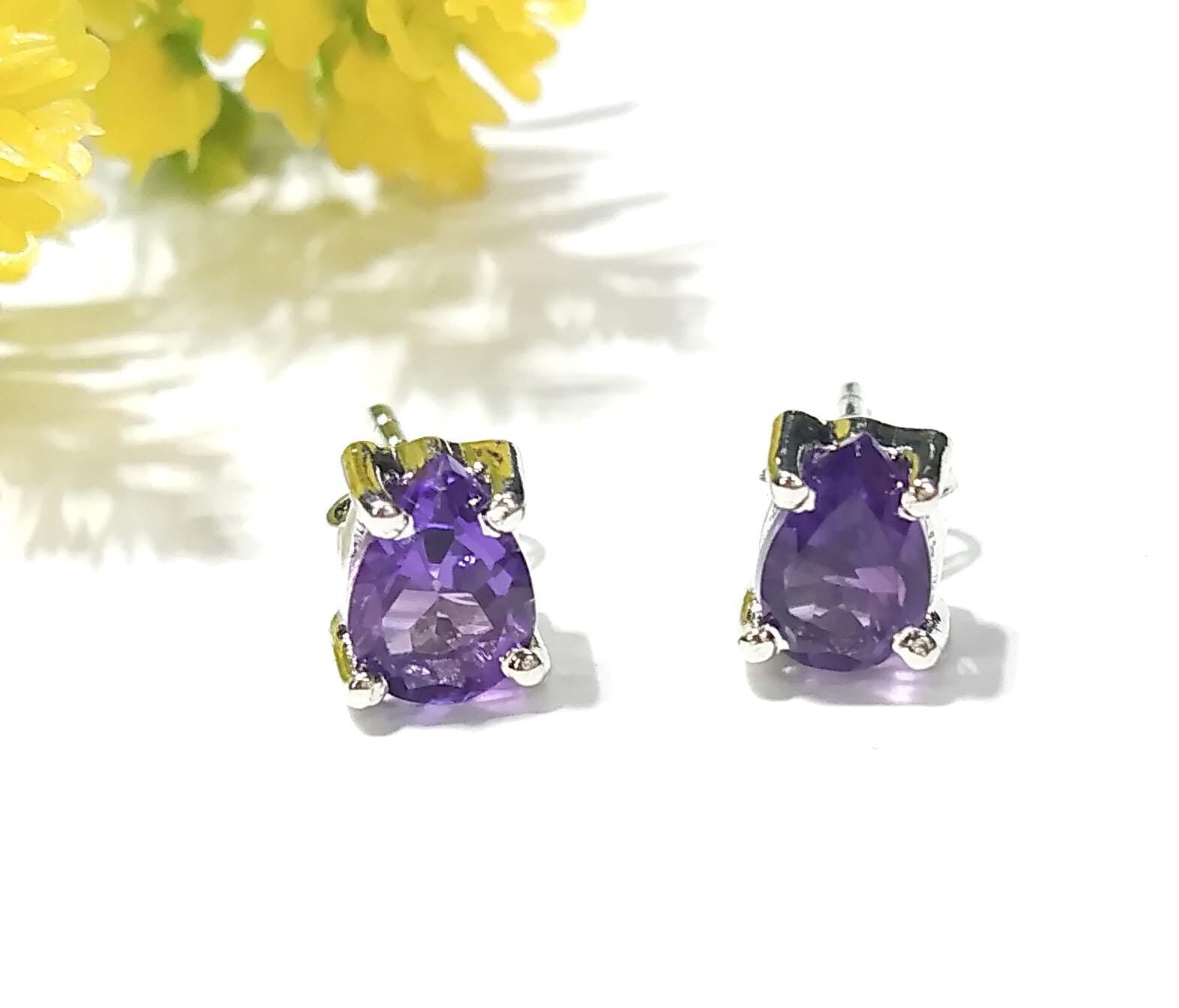 Natural Amethyst Stud Earrings, 925 Sterling Silver Amethyst Stud Earrings, Amethyst Gemstone Pear Shape Stone Size 7x5mm Gift For Women.