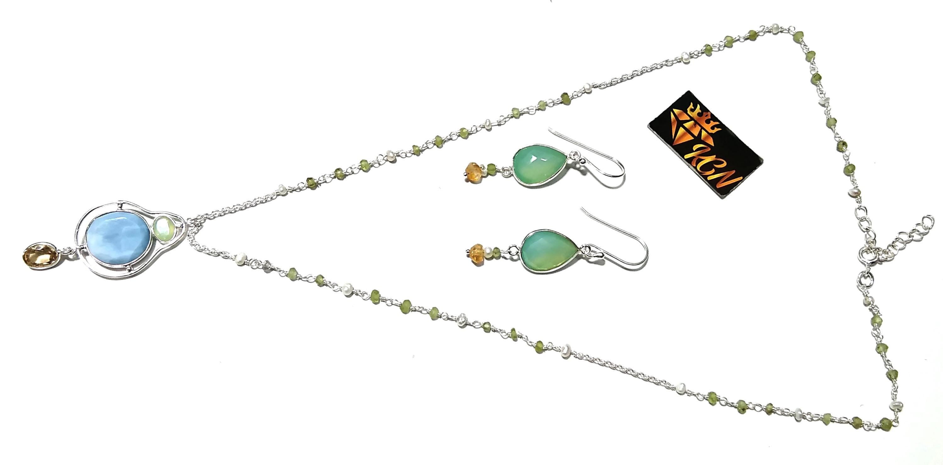 Natural Blue Opal,Chrysoprase,Citrine Gemstone Necklace Earring Jewelry Set, 925 Sterling Silver Necklace Earring Jewelry, Gift For Women.