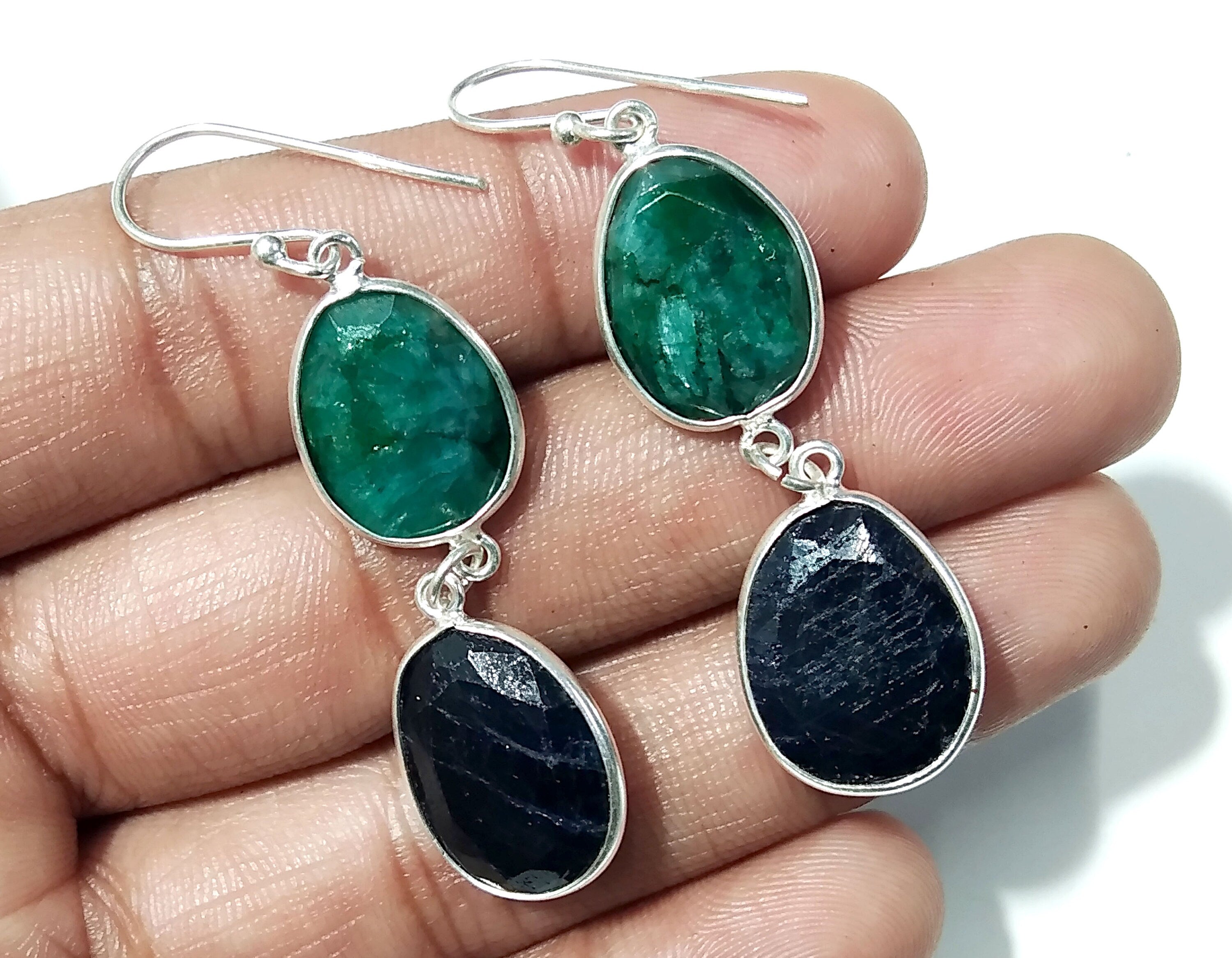 Natural Emerald, Blue Sapphire Stone Earring, 925 Solid Starling Silver Earring Gemstone, Gift Wedding Earring, Jewelry Birthstone Earring