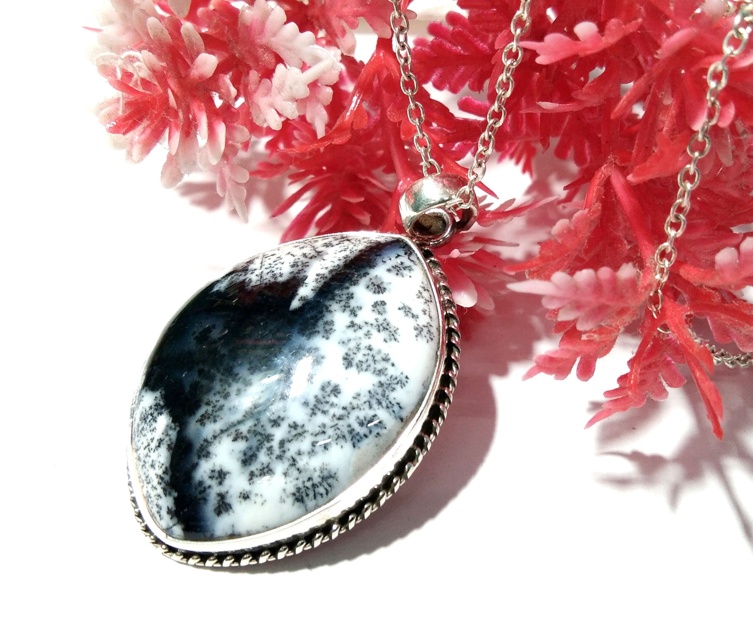 Natural Dendrite Opal Gemstone Pendant, 925 Solid Sterling Silver Design Pendant Chain, Fancy Shape For Gift Easter Pendant Jewelry