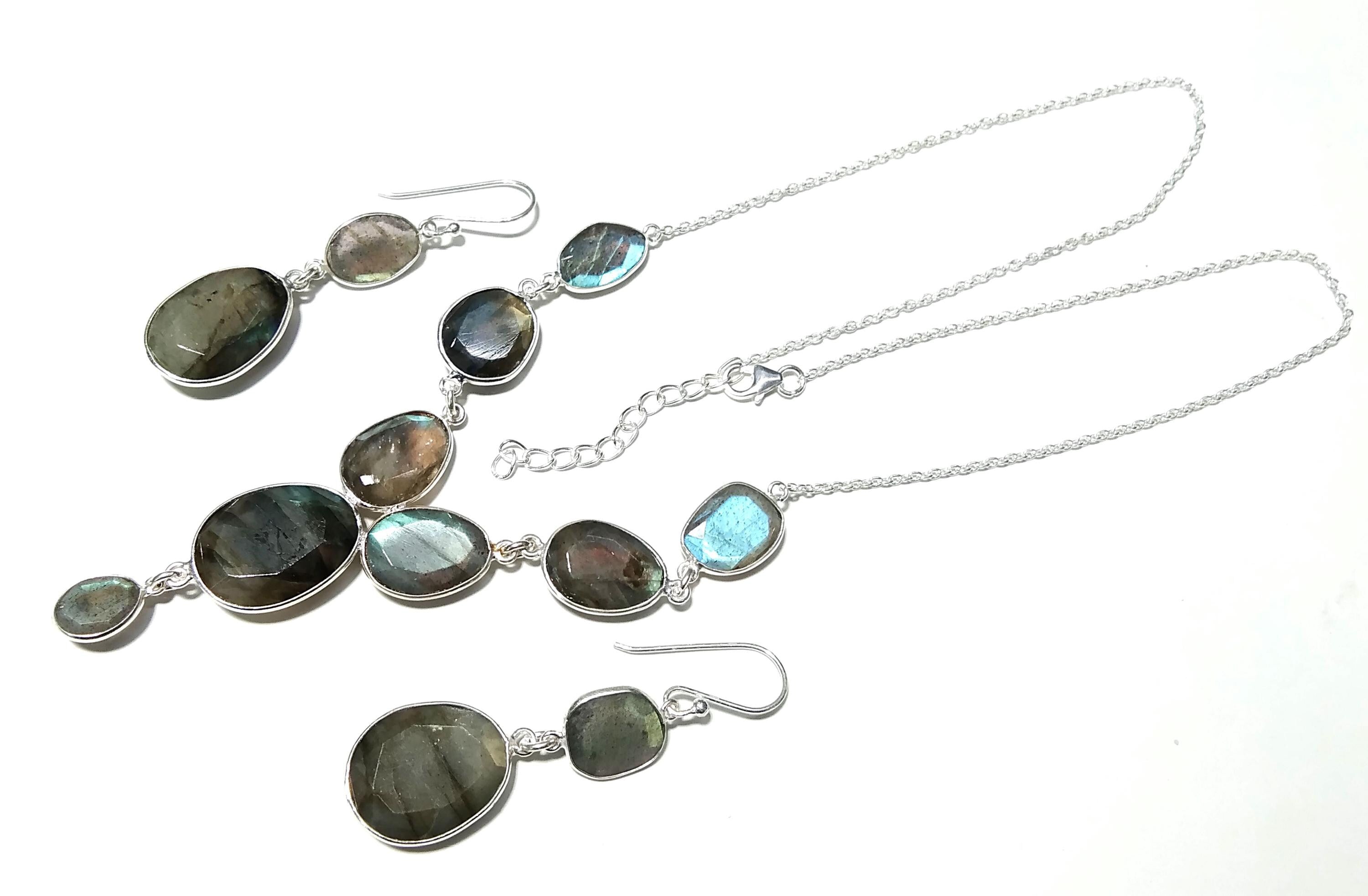Natural Labradorite Multi Fire Gemstone Necklace Earring Jewelry Set, 925 Sterling Silver Necklace Earring, Handmade Jewelry Gift For Women