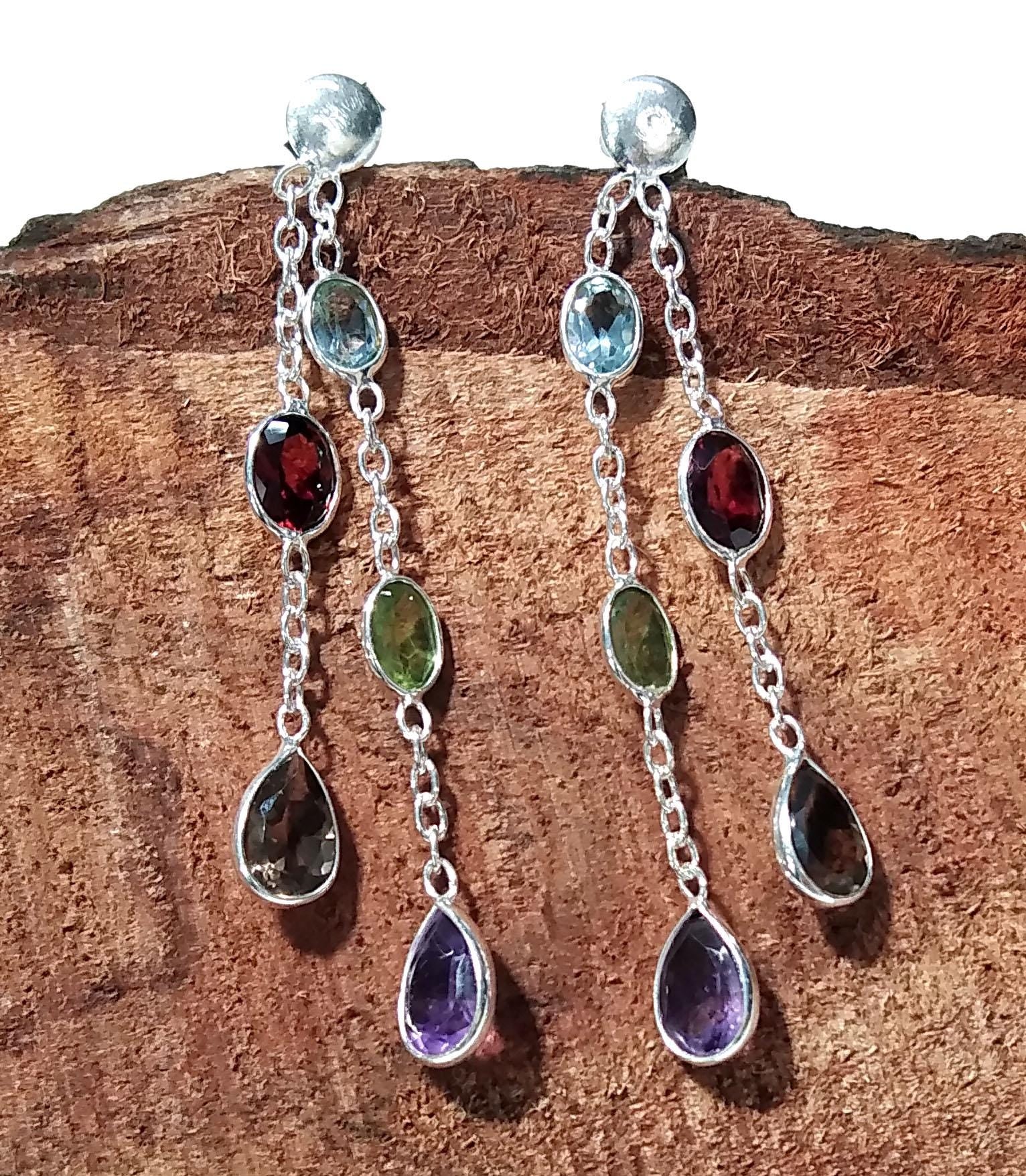 Multi Cut Gemstone Earrings, Amethyst, Garnet, Peridot, Blue Topaz, Smoky Quartz Earrings, 925 Sterling Silver Jewelry, Gift For Her