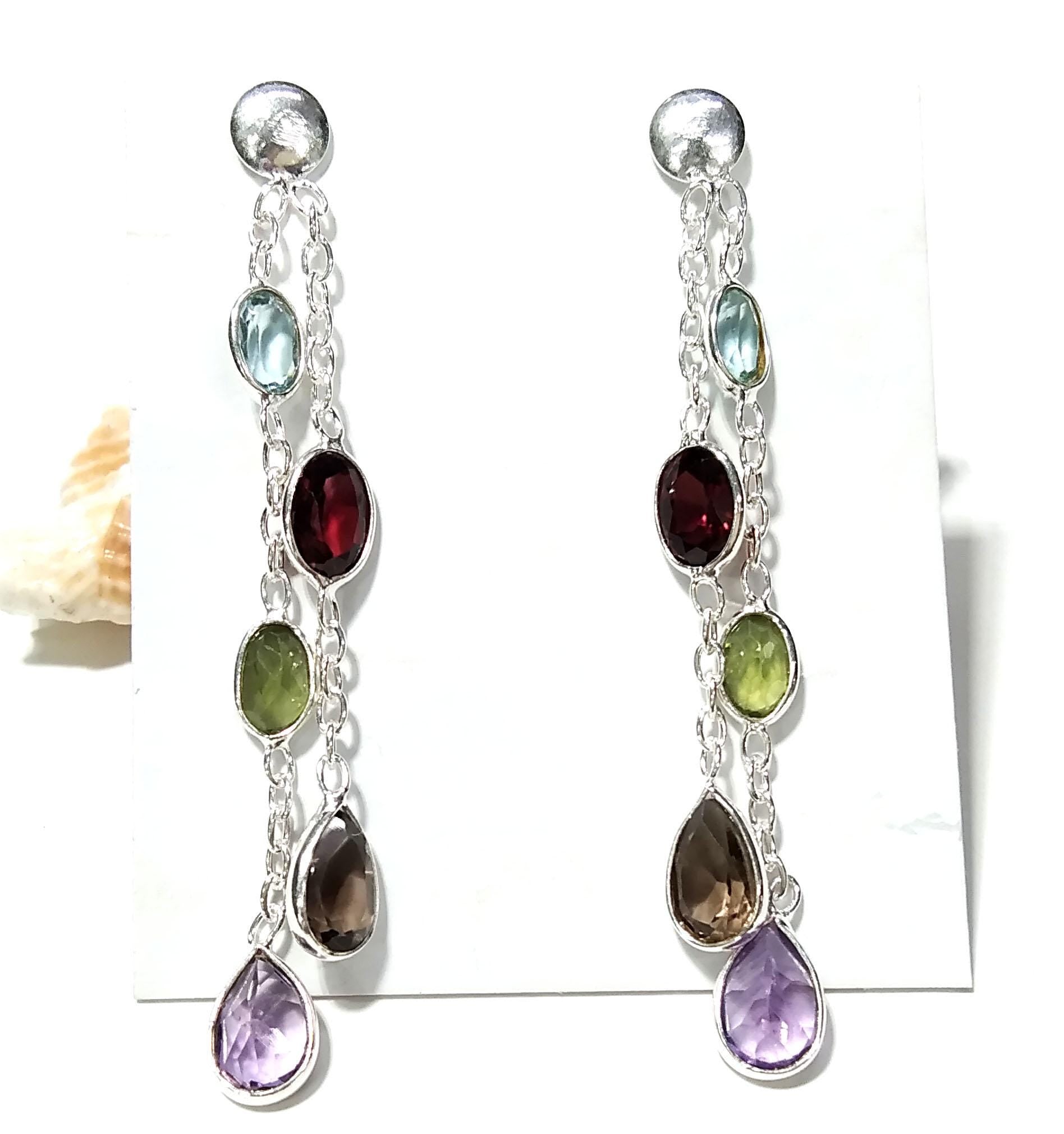 Multi Cut Gemstone Earrings, Amethyst, Garnet, Peridot, Blue Topaz, Smoky Quartz Earrings, 925 Sterling Silver Jewelry, Gift For Her