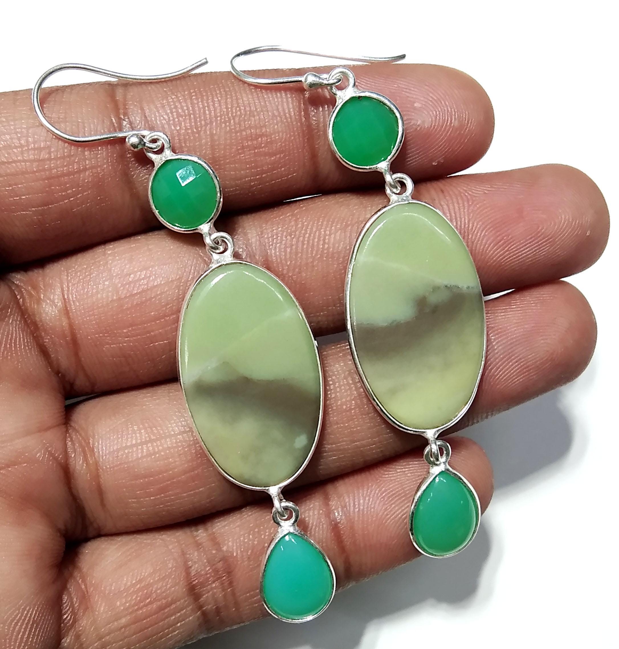 Green Serpentine,Chrysoprase Stone Drop Earring, 925 Starling Silver Earring, Amazing Quality Green Serpentine Earring, For Girls/Women