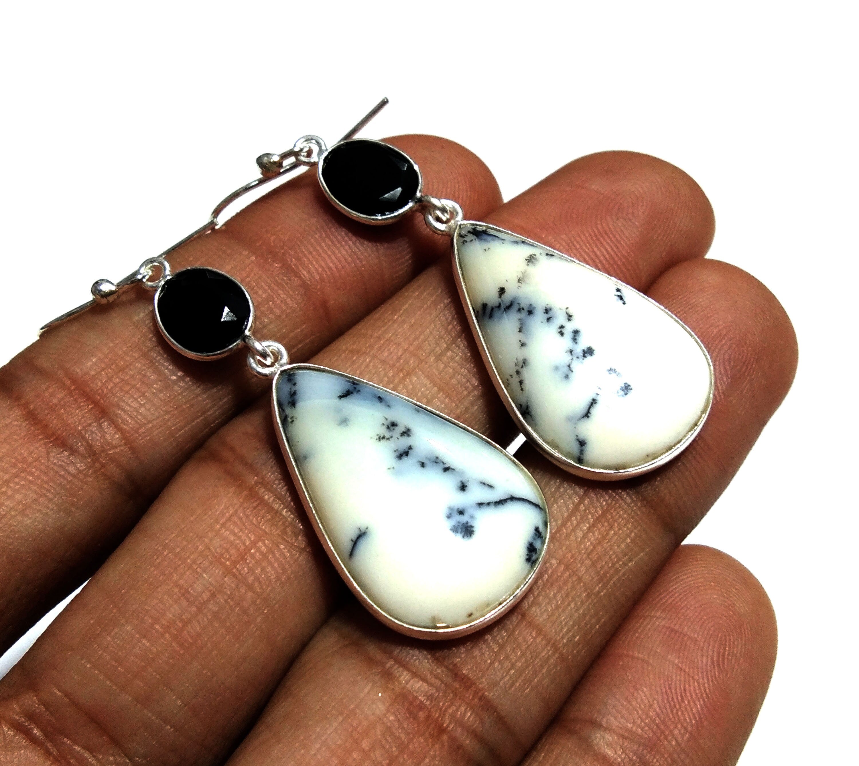 Natural Dendrite Opal/Black Onyx Gemstone Earring, 925 Solid Starling Silver Earring, Opal Stone Size 27x16 mm Gift Dangle Earring Jewelry