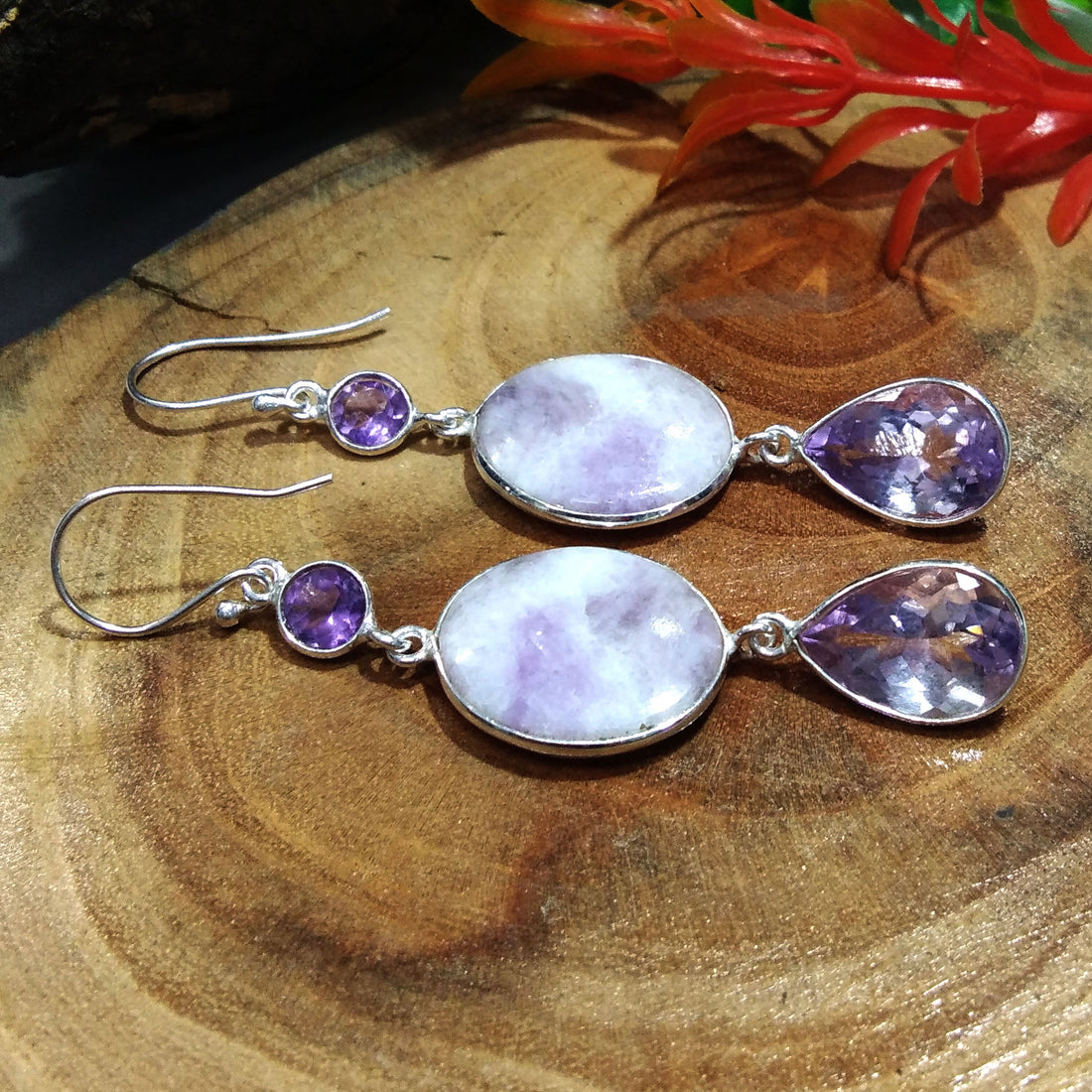 Natural Pink Lepidolite, Amethyst Gemstone Earring, 925 Solid Starling Silver Earring, Handmade Silver Jewelry Lepidolite Stone Earring Gift