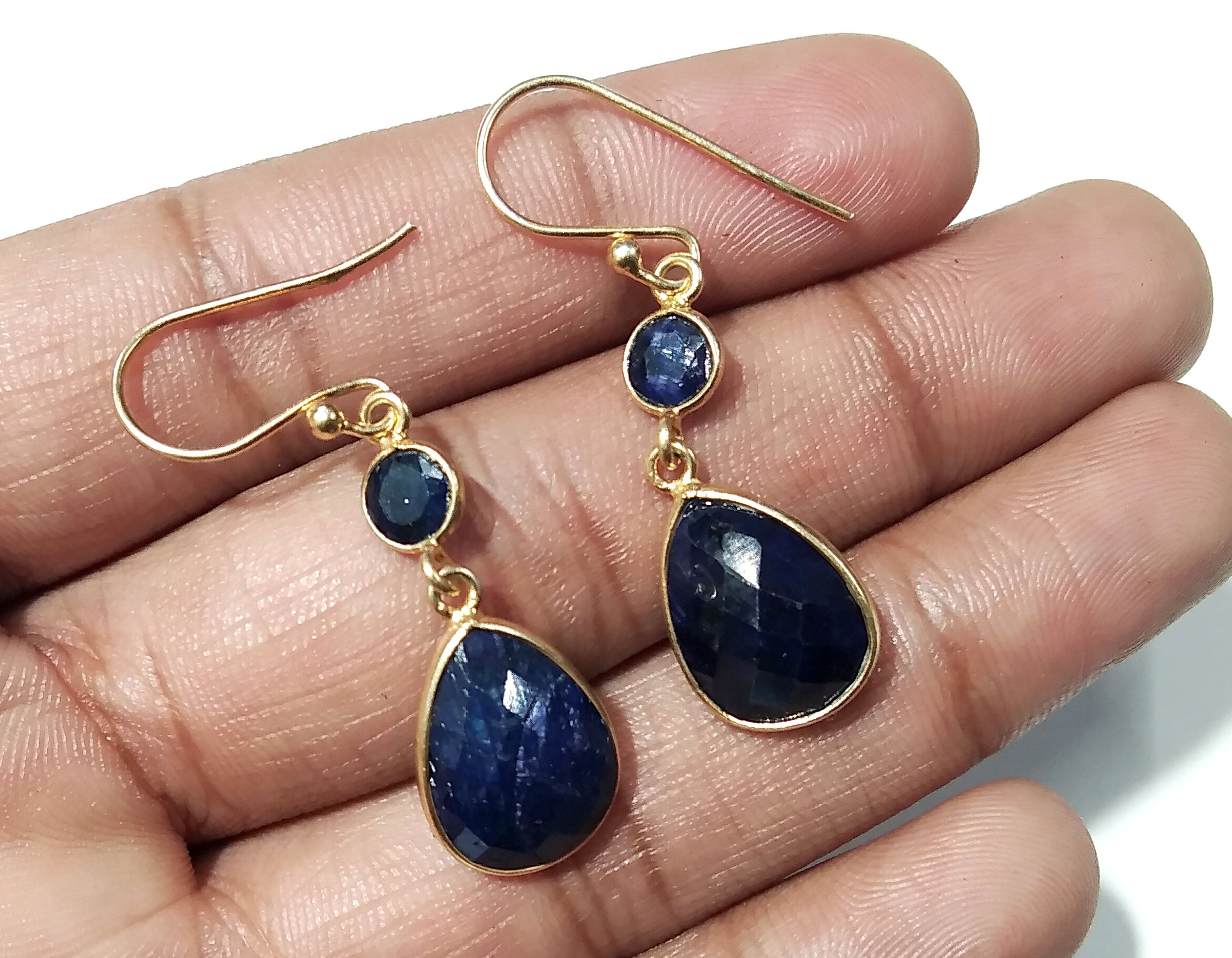 Natural Blue Sapphire Stone Earring, 925 Solid Starling Silver With Gold Plated Earring, Sapphire Stone Size 13x10 mm Gift Birthday Earring