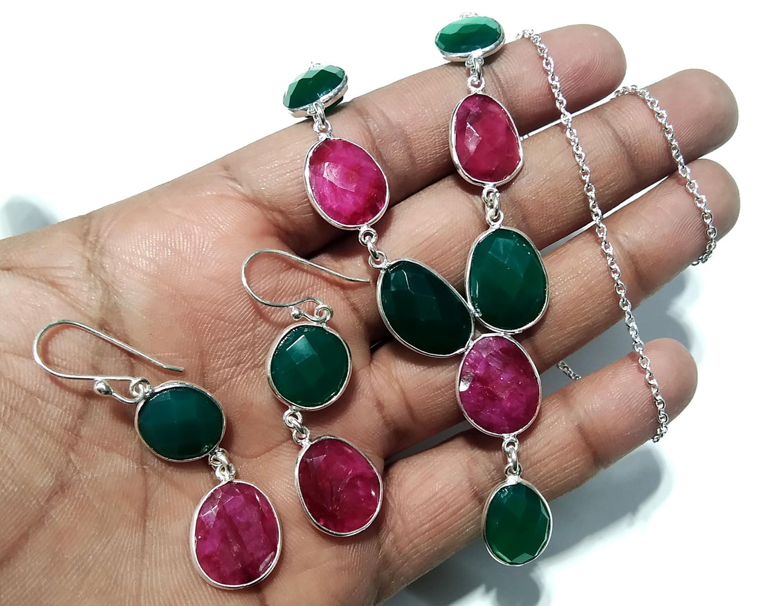Natural Green Onyx & Red Ruby Necklace and Earring Jewelry Set, 925 Sterling Silver Necklace Earring Jewelry, Gift For Women Birthstone