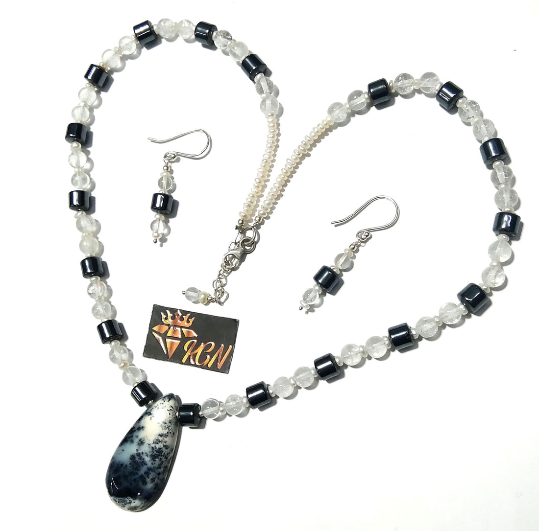 Natural Dendrite Opal/Crystal Gemstone Beads Necklace Set Jewelry, 925 Sterling Silver Necklace, Beaded Necklace Statement for Gift Jewelry