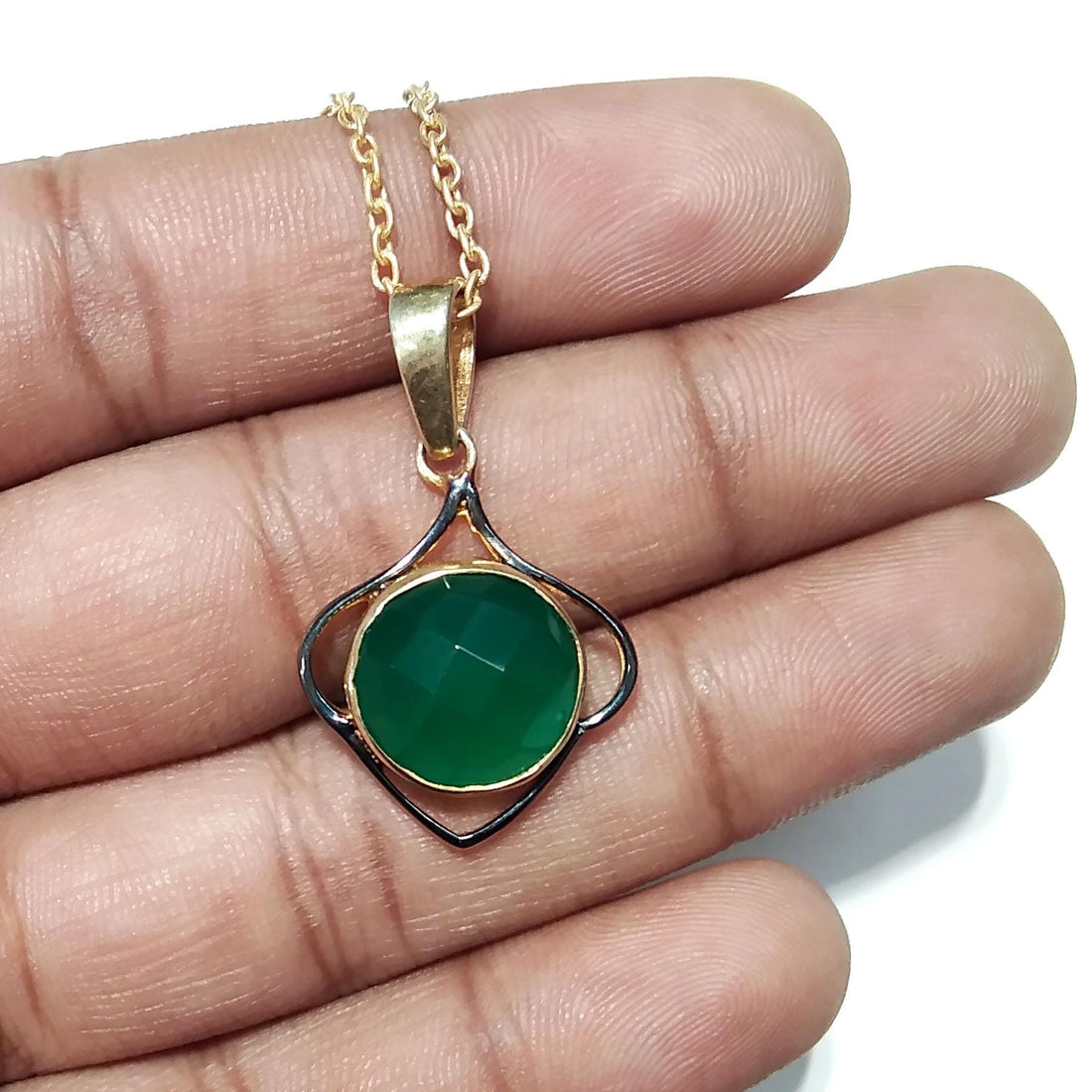 Natural Green Onyx Checker Cut Stone Chain Pendant, 925 Starling Silver Gold/Black Plated Pendant Jewelry Round Shape Gift Easter Pendant