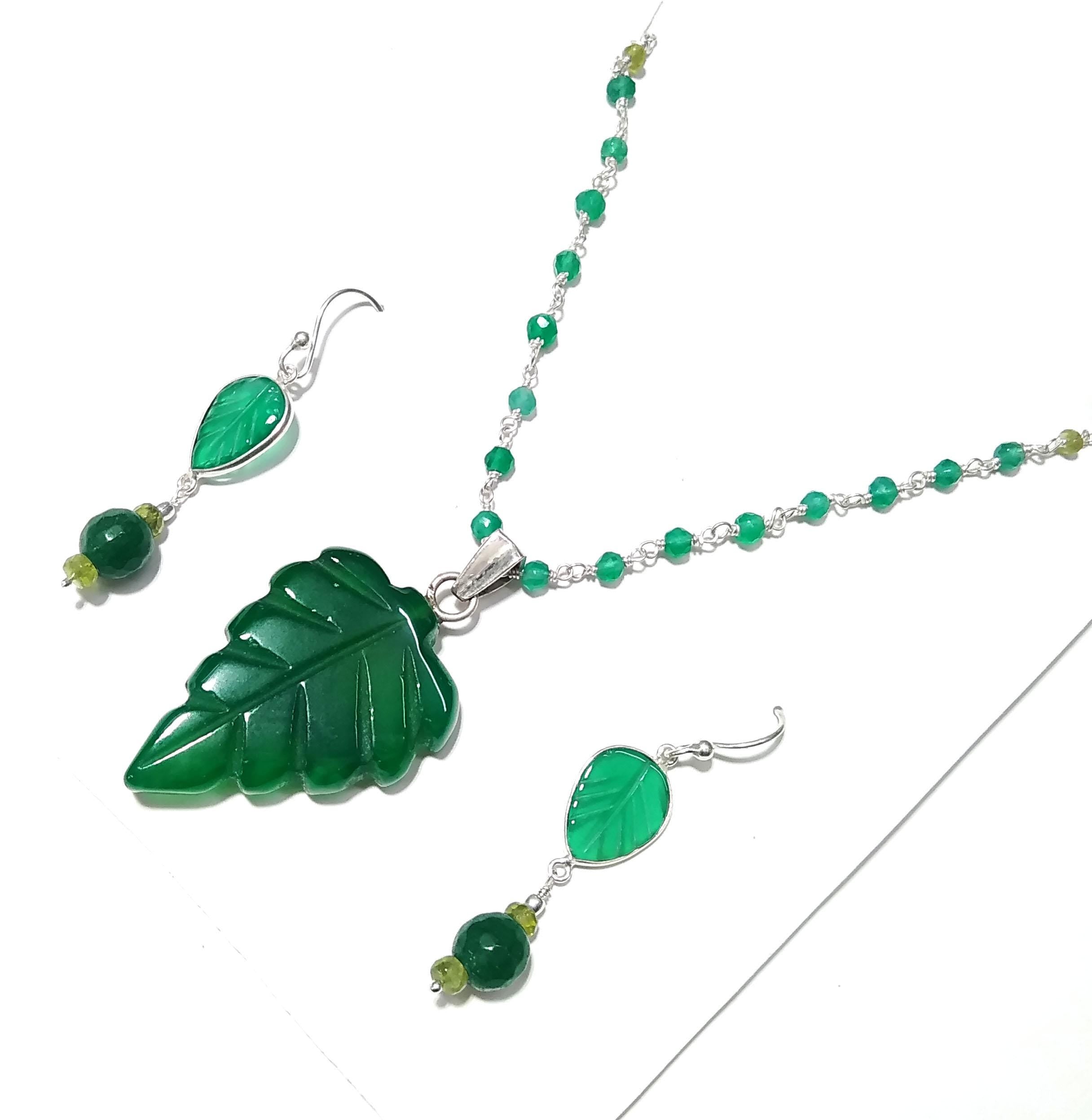 Natural Green Onyx Carving Gemstone Beads Necklace Earring Jewelry Set, 925 Sterling Silver Necklace Beaded Necklace Statement For Jewelry