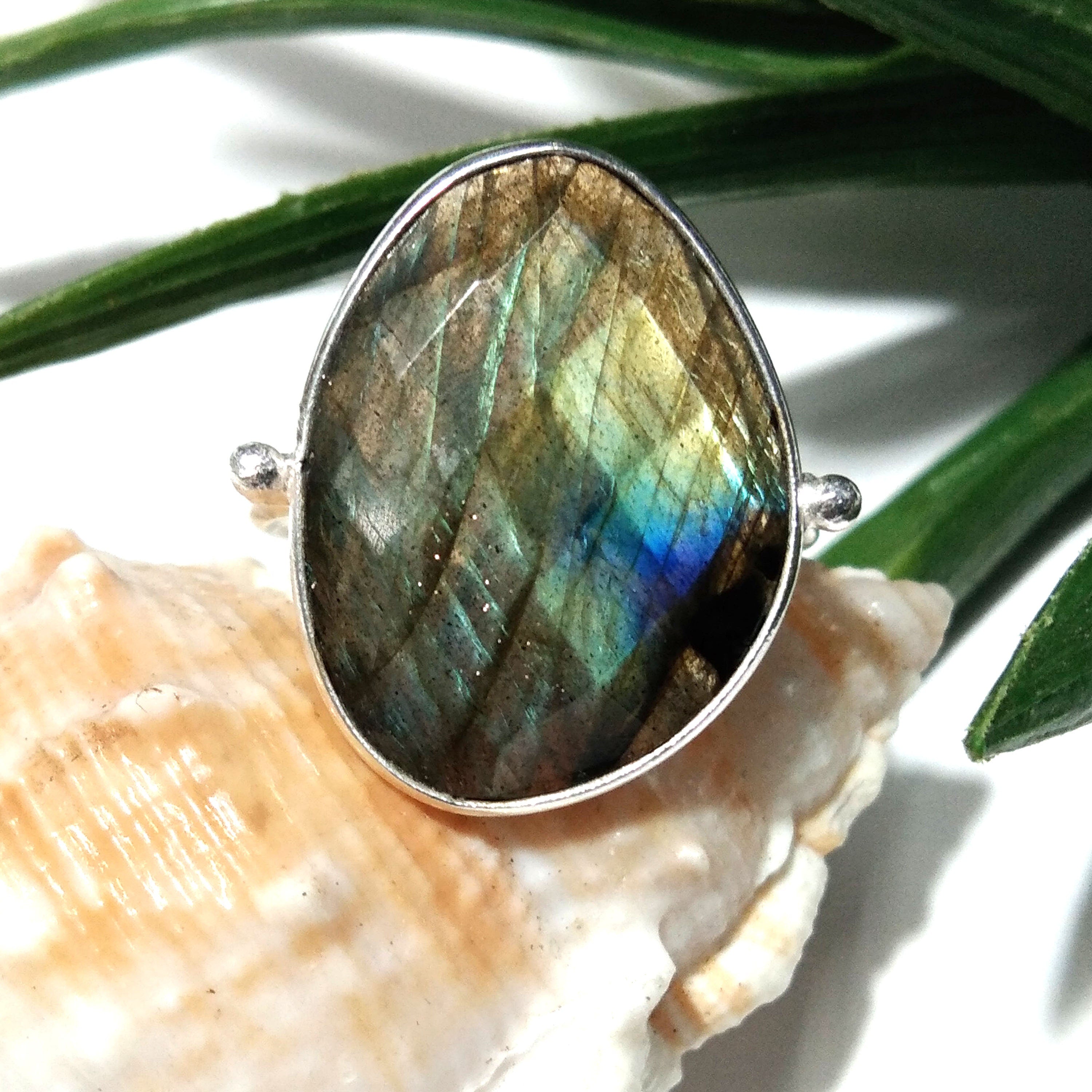 Natural Labradorite Checker Cut Stone Ring, 925 Starling Silver Ring, Stone Size 20x15 mm Green Fire Labradorite Ring, Gift Birthday Ring