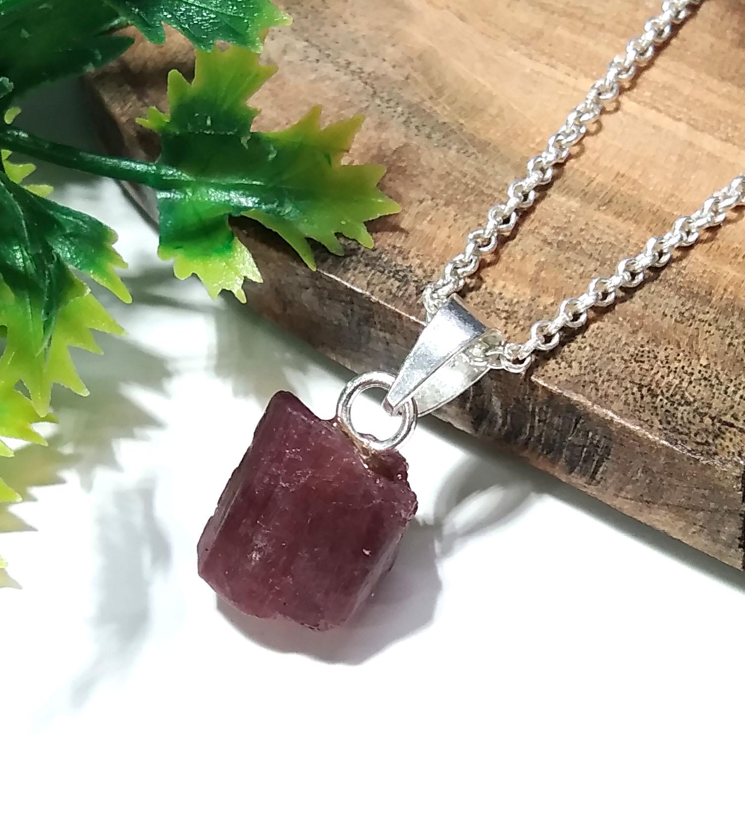 Natural Pink Tourmaline Raw Gemstone Pendant, Solid 925 Starling Silver Pendant Chain Necklace, Jewelry Stone Size 12x11mm Gift Pendant