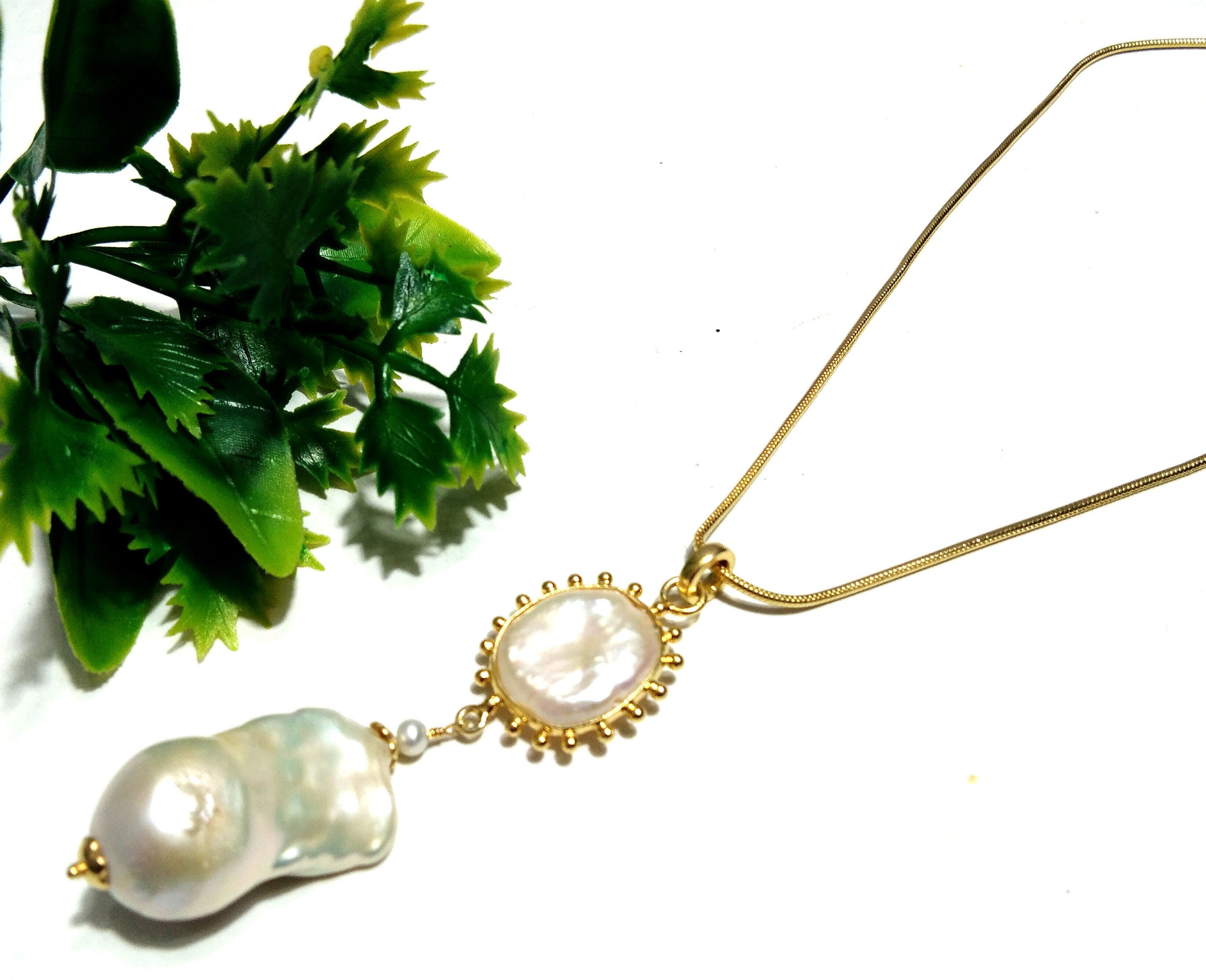 Natural Fresh Water Baroque Pearl Gemstone Chain Necklace Pendant, 925 Starling Silver Gold Plated Chain Necklace 18''Inche Gift Necklace