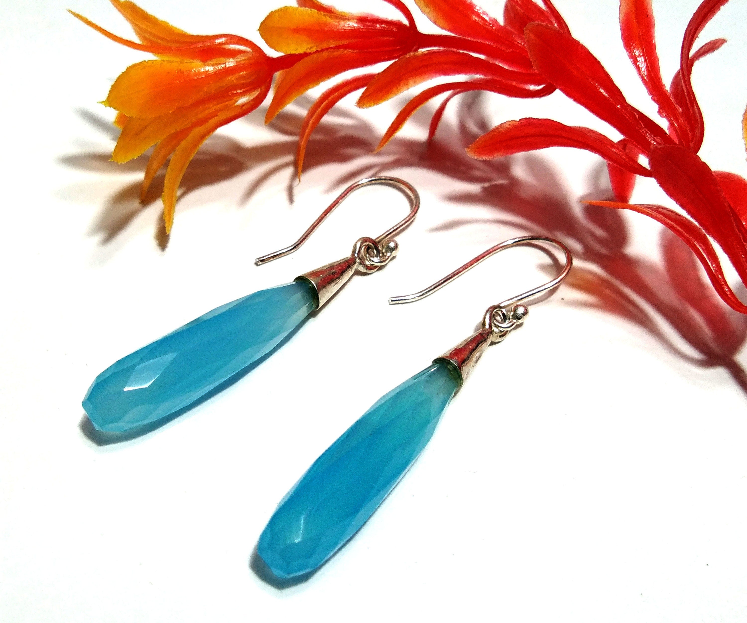 Beautiful Aqua Chalcedony Earring Gemstone, 925 Solid Starling Silver Earring Jewelry Stone Size 25x7 mm Natural Chalcedony For Gift Earring