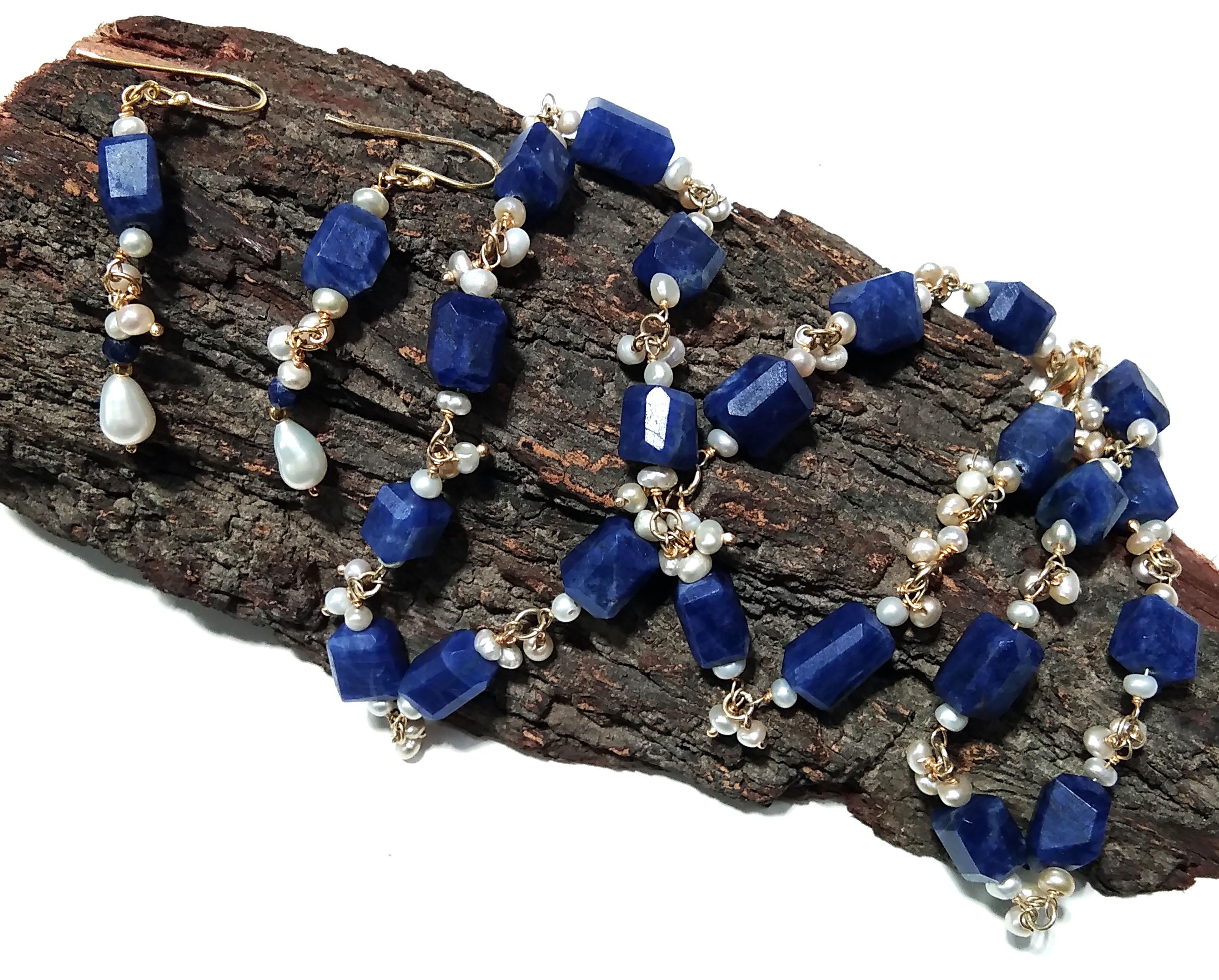 Natural Sodalite, Pearl Gemstone Necklace Earring Jewelry Set, 925 Solid Sterling Silver With Gold Plated Necklace Earring, Necklace Set