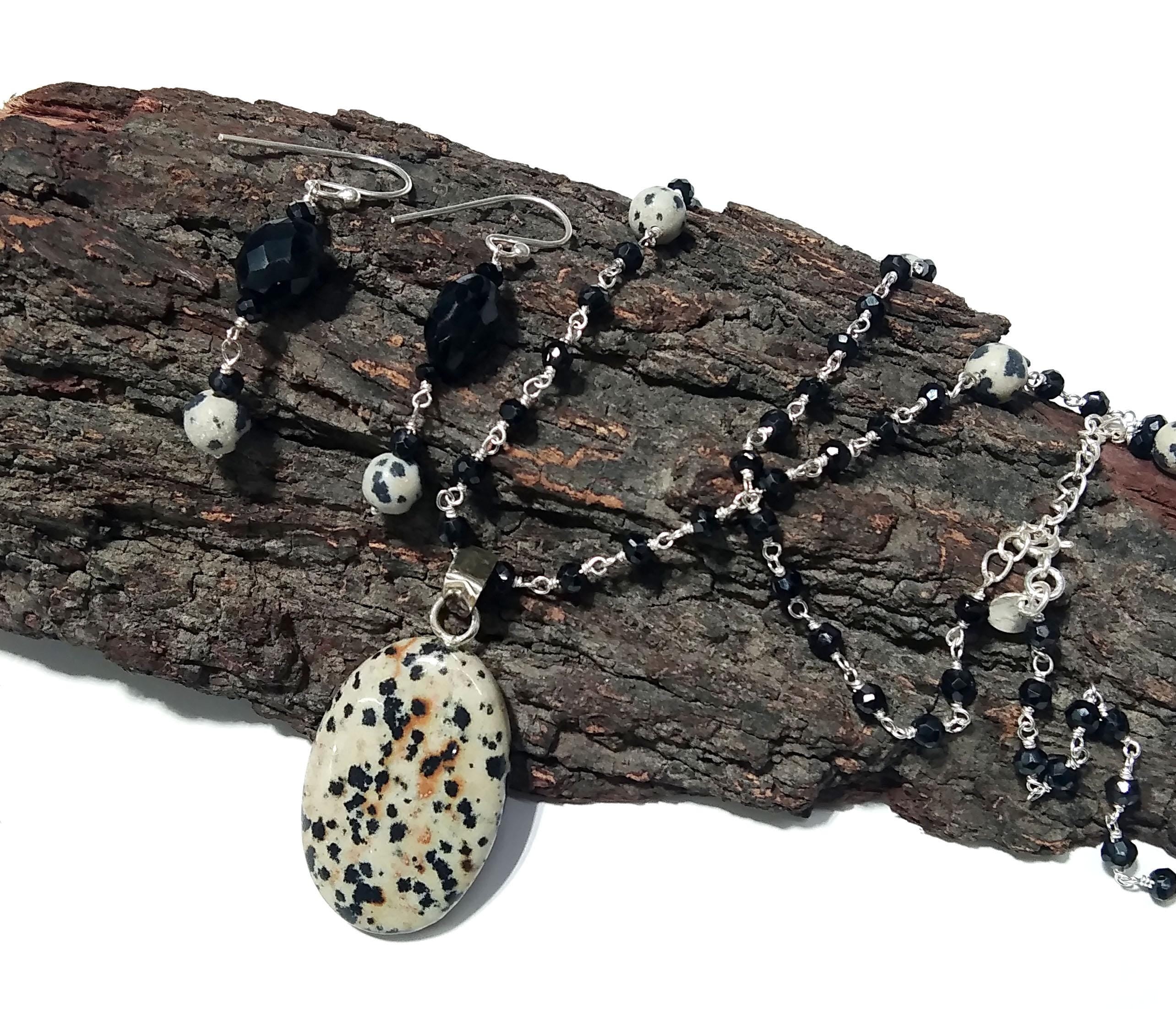 Natural Dalmatian Jasper/Black Onyx Necklace Earring Jewelry Set, 925 Sterling Silver Necklace Gemstone Necklace Statement For Gift Jewelry