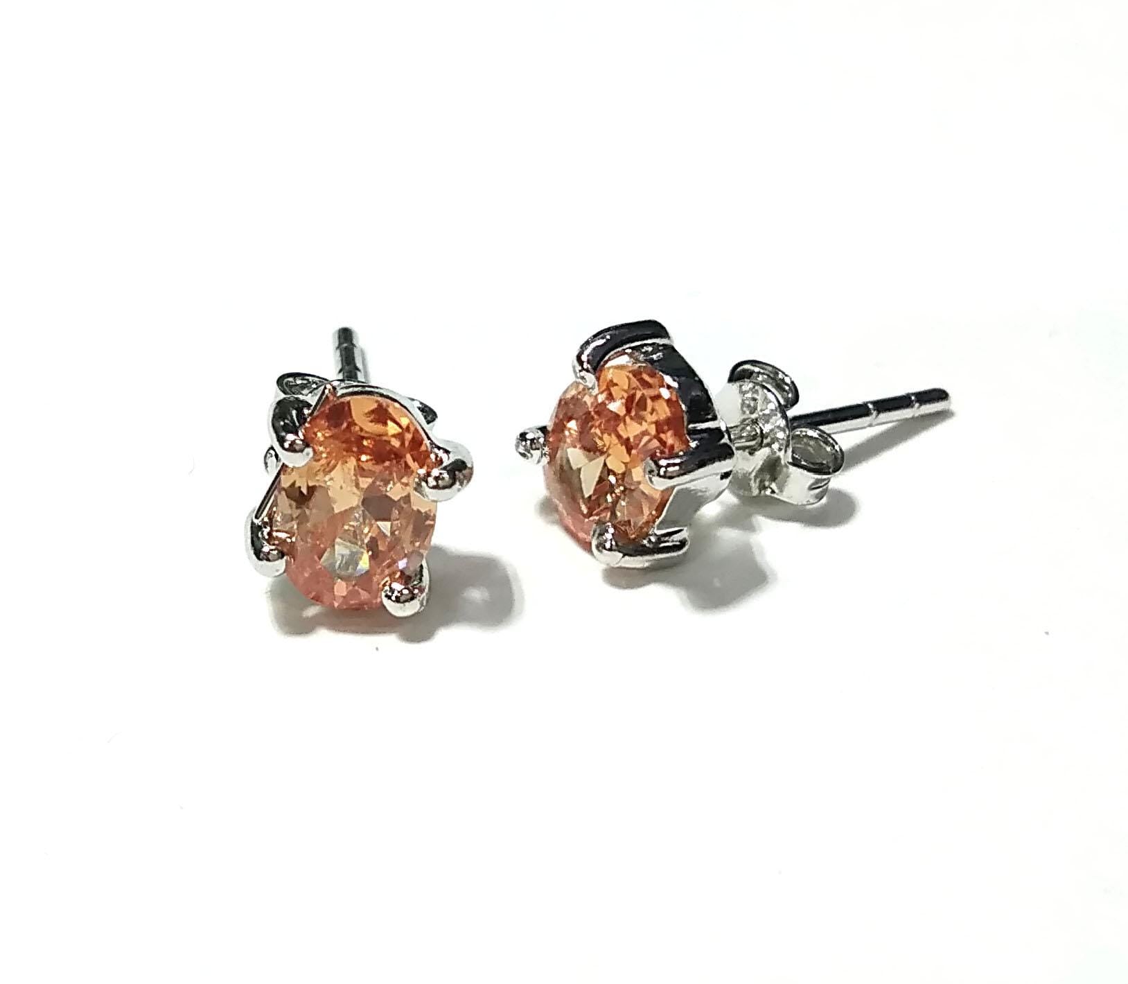 Orange Cubic Zircon Studs Earring, Natural Orange Zircon Oval Shape Studs, Solid 925 Starling Silver Earring, For Gilrs & Women Earrings