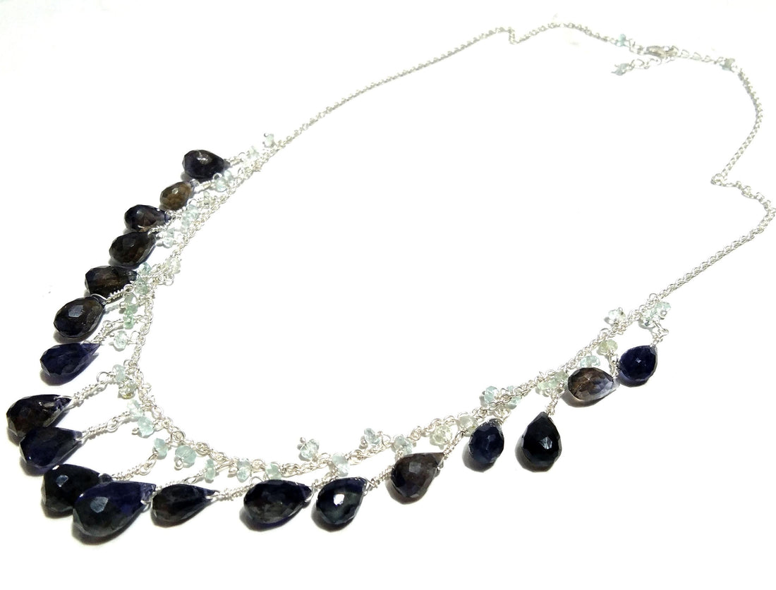 Natural Iolite Drop's Stone Chain Necklace Jewelry, 925 Starling Silver Chain Necklace, Top Color Iolite Gift Necklace, For Girls & Women