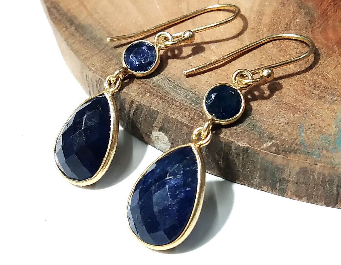 Natural Blue Sapphire Stone Earring, 925 Solid Starling Silver With Gold Plated Earring, Sapphire Stone Size 13x10 mm Gift Birthday Earring