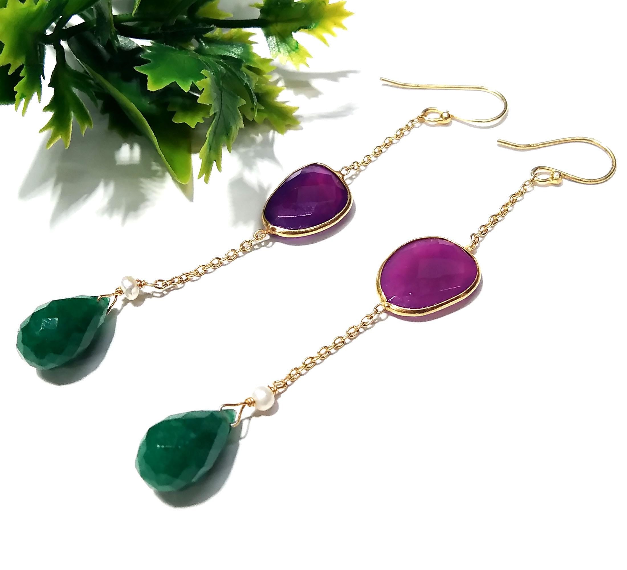Natural Green Jade & Pink Chalcedony Gemstone Earring, 925 Starling Silver With Gold Plated Earring, Bezel Handmade Earring, For Girls/Women