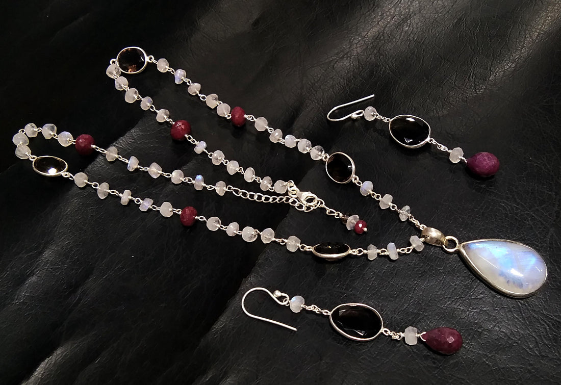 Rainbow Moonstone & Smoky Quartz Necklace Earring Jewelry Set, 925 Sterling Silver Necklace Amazing Quality Rainbow Moonstone Gift For Women