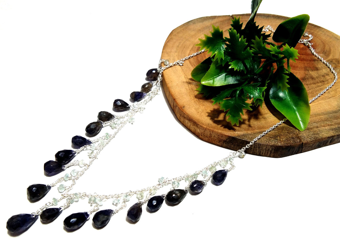Natural Iolite Drop's Stone Chain Necklace Jewelry, 925 Starling Silver Chain Necklace, Top Color Iolite Gift Necklace, For Girls & Women