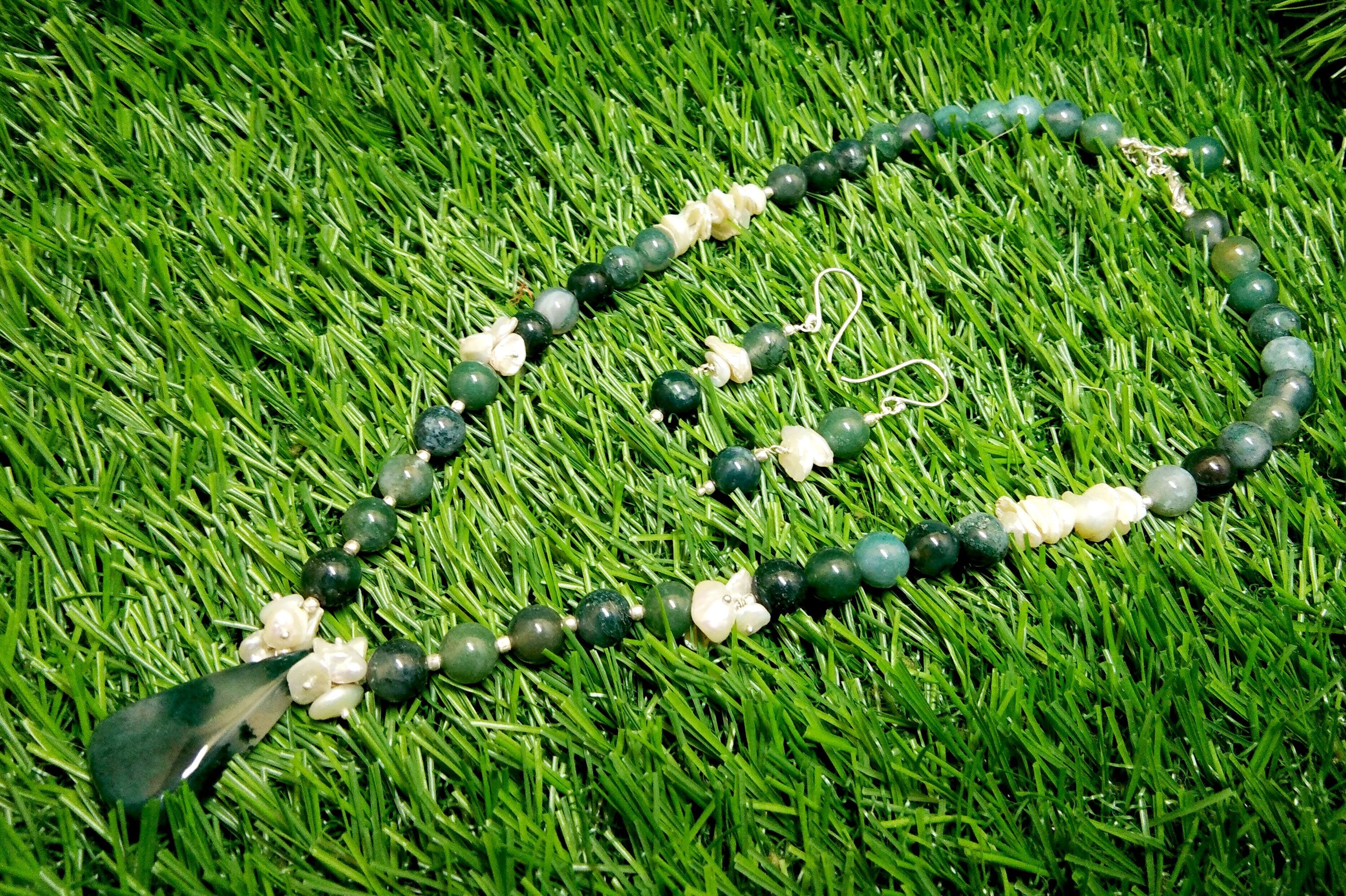 Natural Moss Agate/Pearl Gemstone Beads Necklace Set Jewelry, 925 Sterling Silver Necklace, Beaded Necklace Statement Gift Jewelry