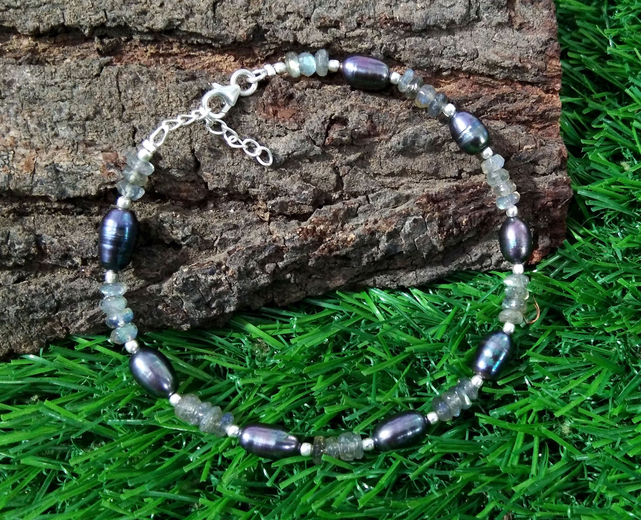 Labradorite & Grey Pearl Adjustable Bracelet, Natural Gemstone With 925 Silver Jewelry, Wedding Bracelet, Friendship Bracelet Gift For Women