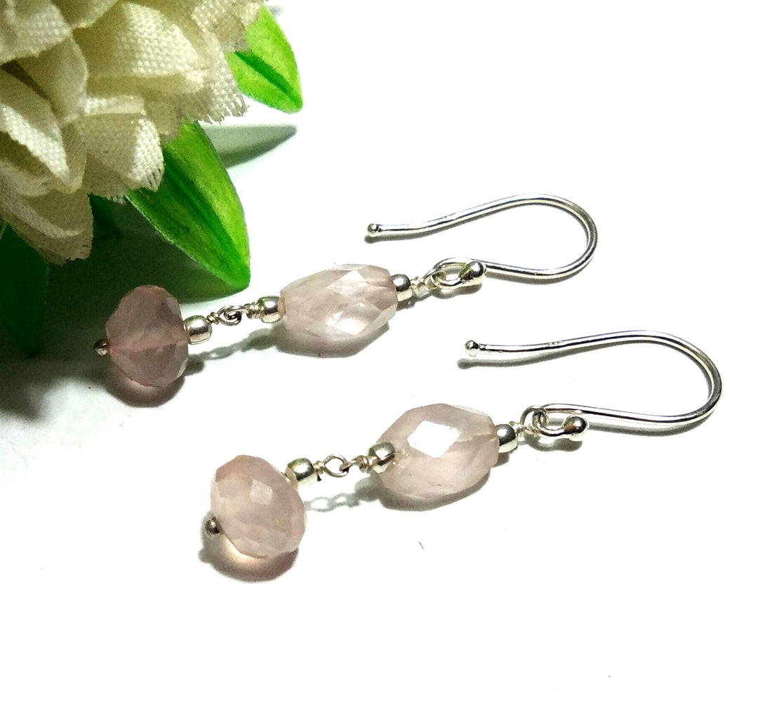 Natural Pink Rose Quartz Stone Drop Earring, 925 Solid Starling Silver Earring Jewelry, Top Color Pink Stone Size 8x8mm Gift Wedding Earring