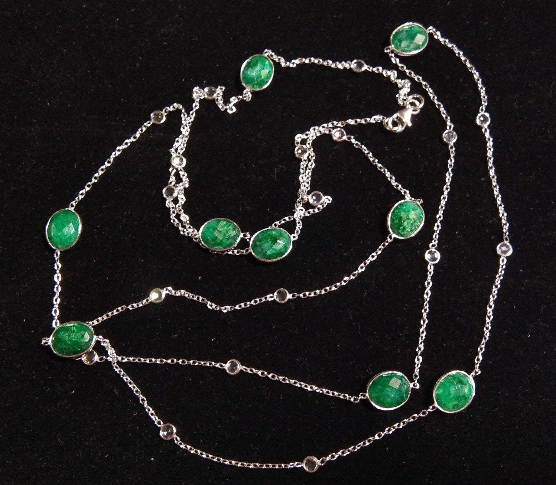 Emerald Necklace Chain,  925 Sterling Silver With Zircon Polky Necklace, Handmade Bezel Necklace, 40" Inches Length.