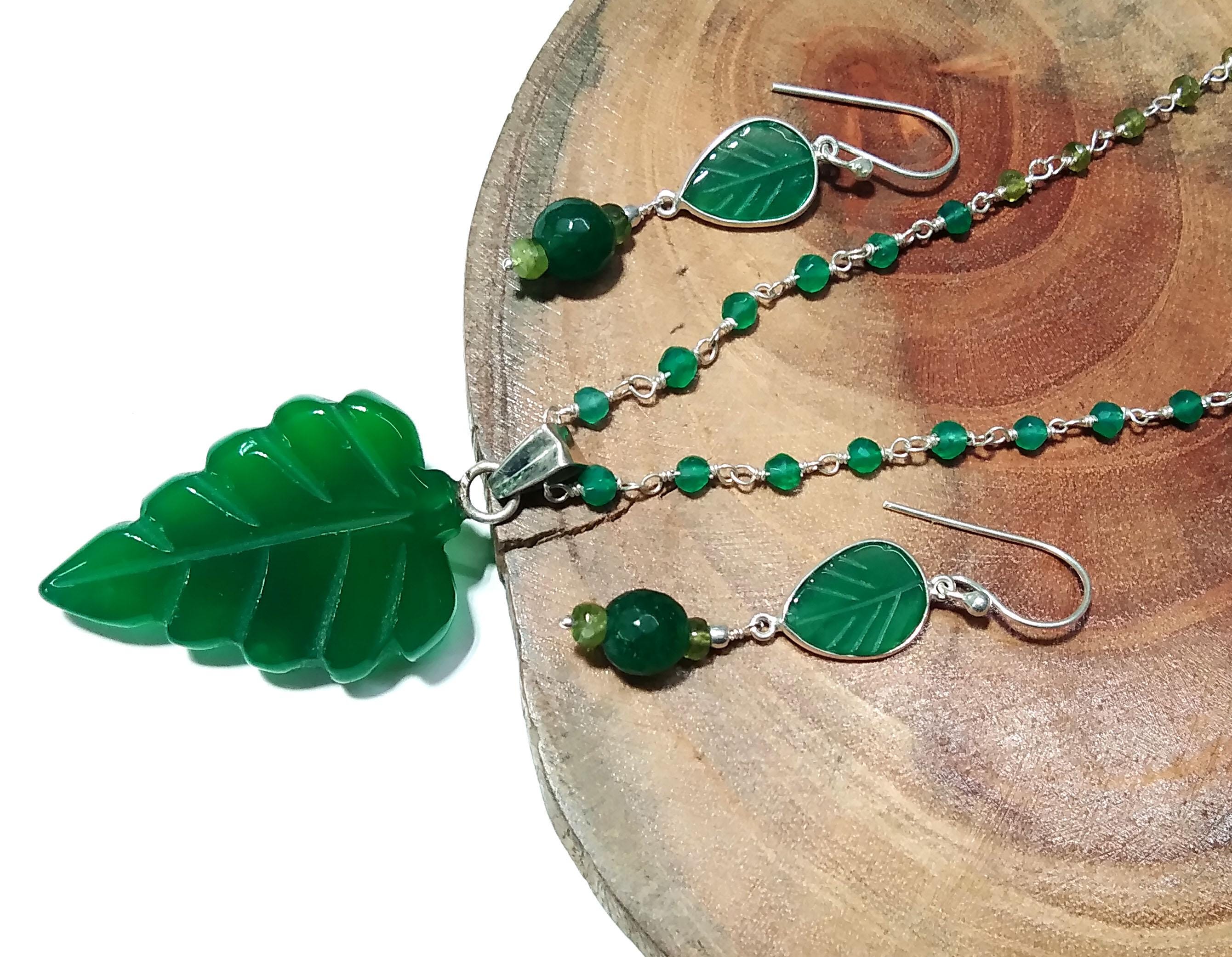 Natural Green Onyx Carving Gemstone Beads Necklace Earring Jewelry Set, 925 Sterling Silver Necklace Beaded Necklace Statement For Jewelry