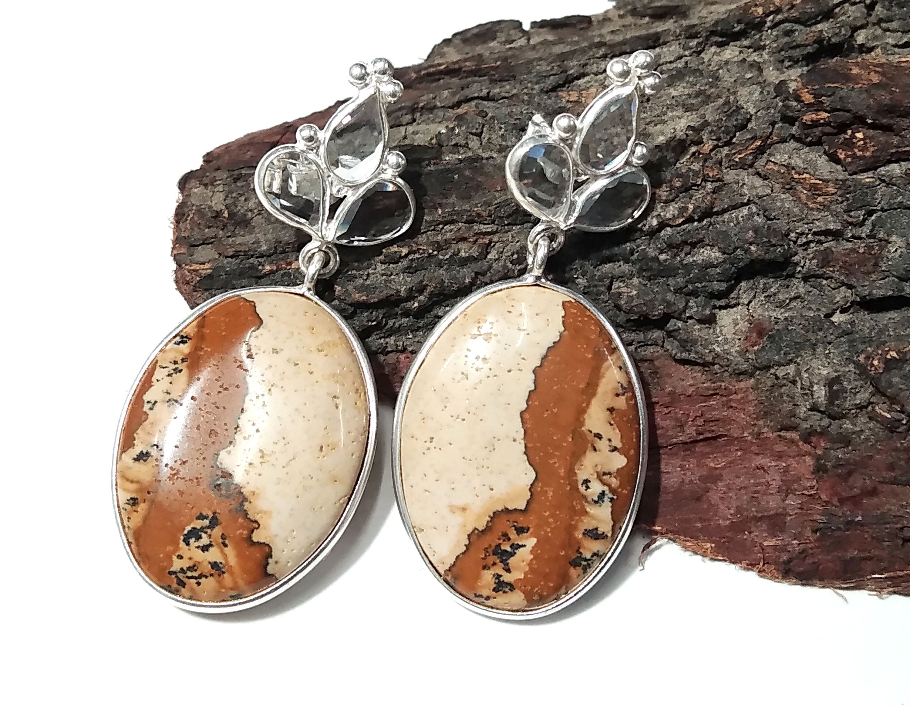 White Zircon & Picture Jasper Earrings, 925 Silver With Natural Gemstone Zircon Faceted And Picture Jasper Earring, For Girls/Women.