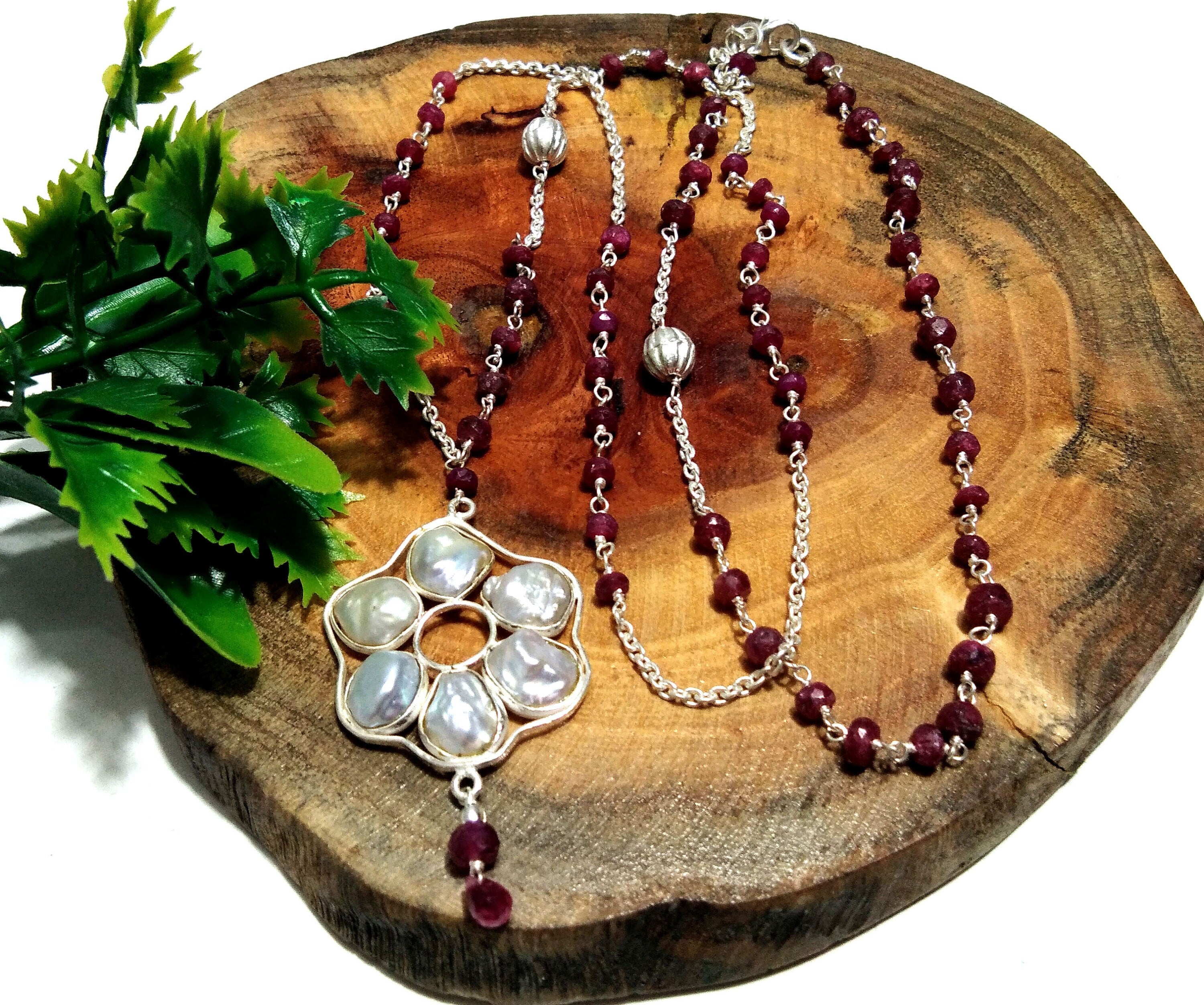 Log Chain Necklace, Natural Baroque Pearl & Red Ruby Necklace, 925 Starling Silver Log Chain Necklace,36''Inches Adjuster Chain Necklace