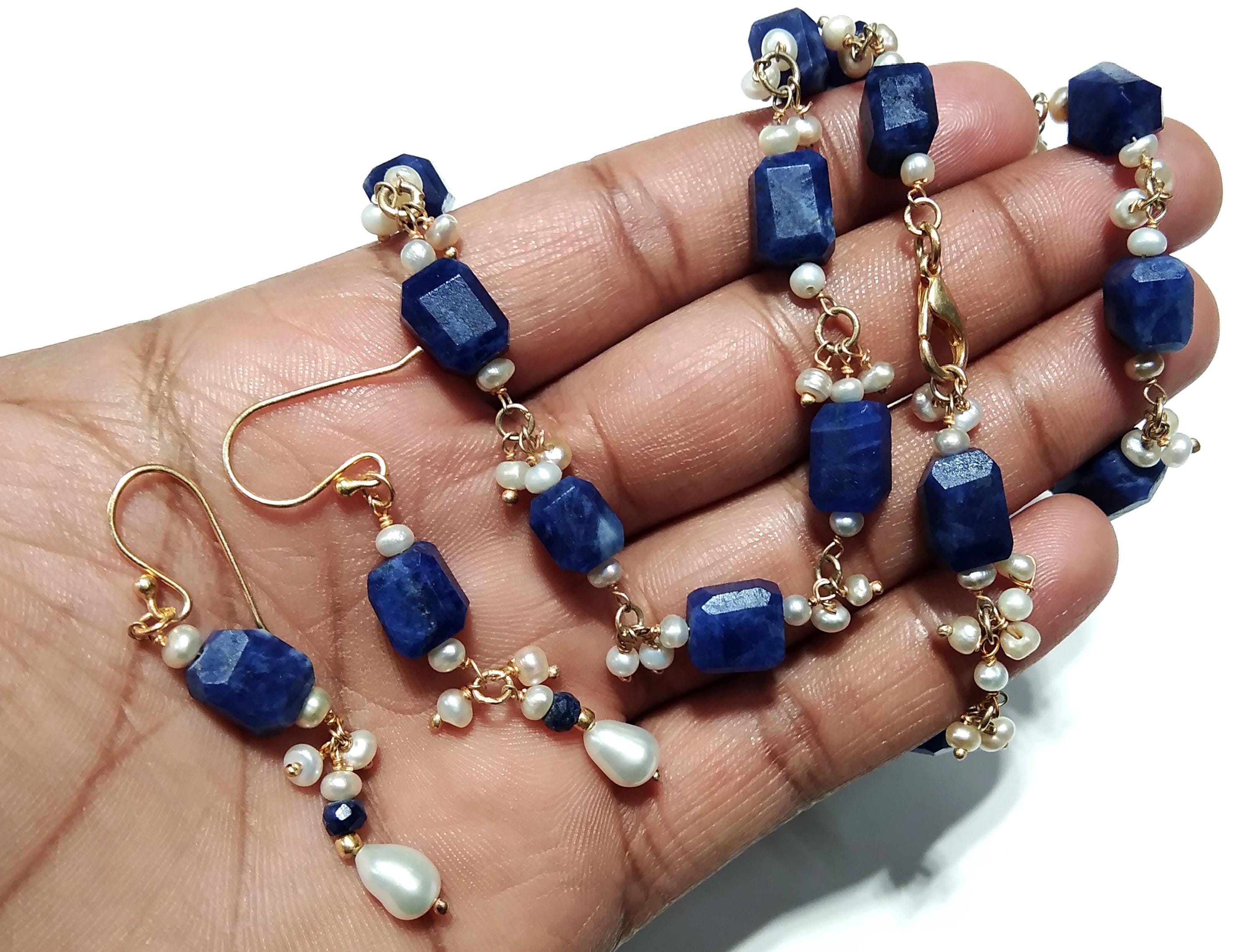 Natural Sodalite, Pearl Gemstone Necklace Earring Jewelry Set, 925 Solid Sterling Silver With Gold Plated Necklace Earring, Necklace Set